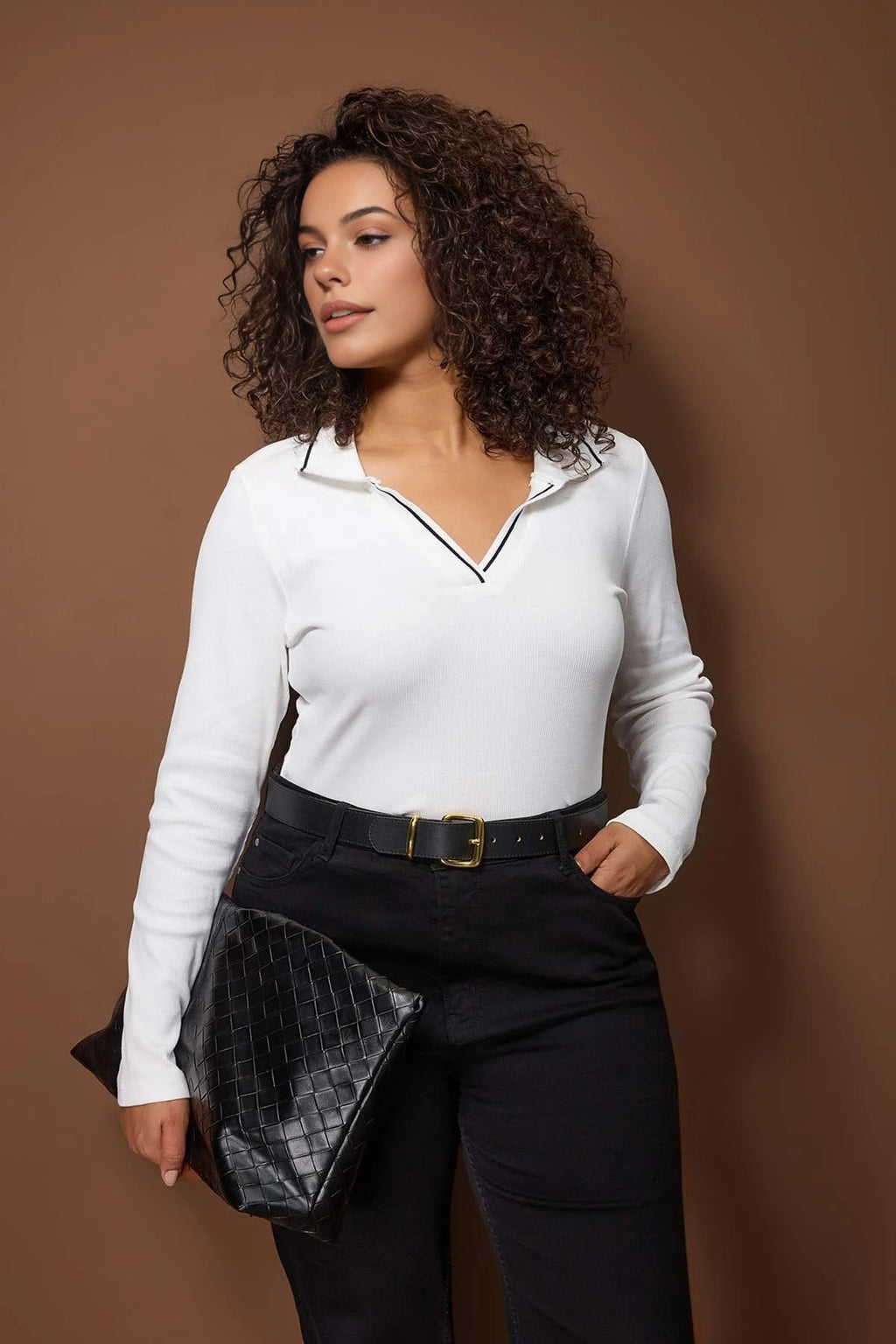 Knitted Collar Detail Fitted Ribbed Stretch Knit Blouse