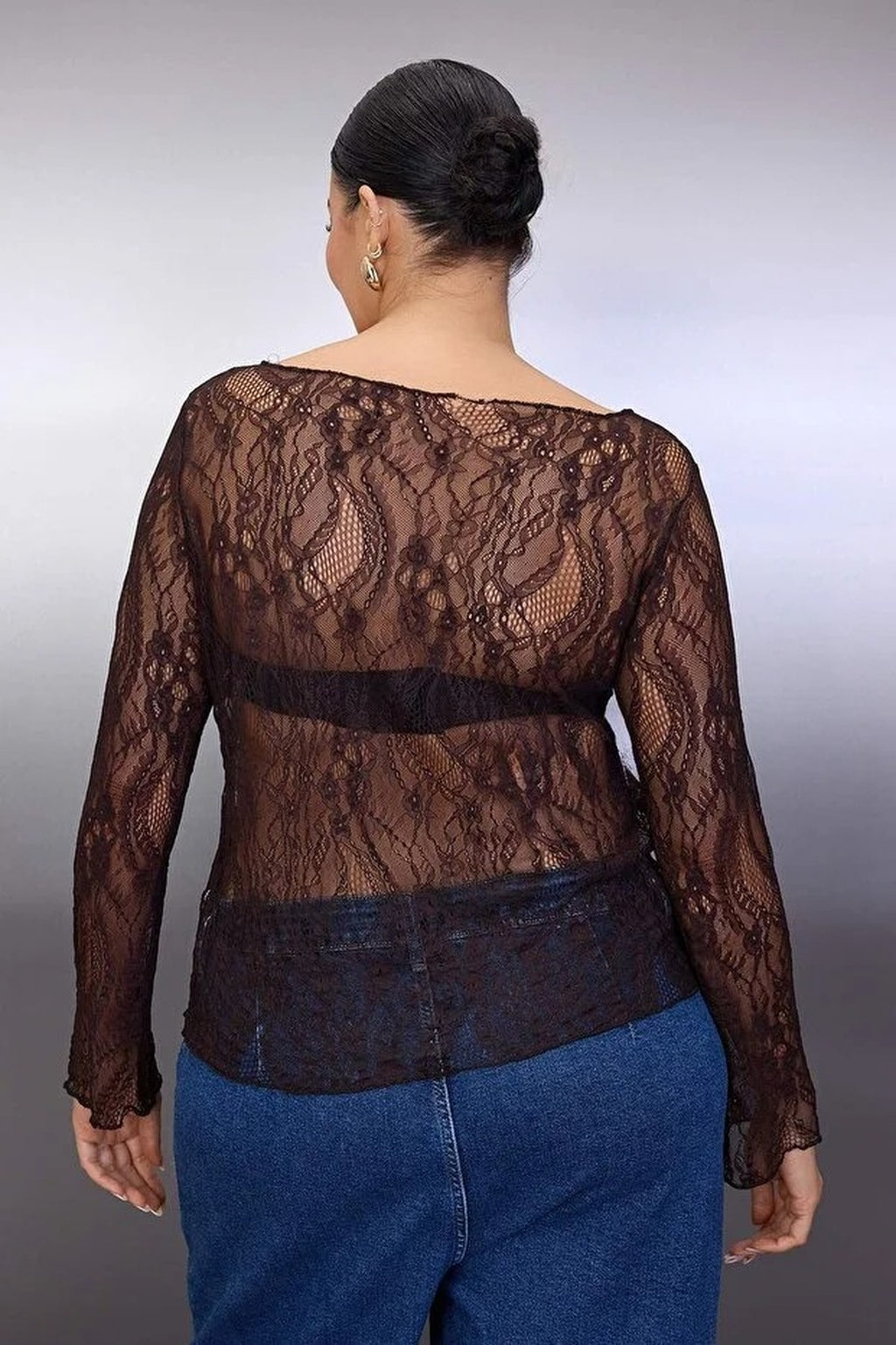 Regular Fit Boat Neck Lace Knit Plus Size Blouse