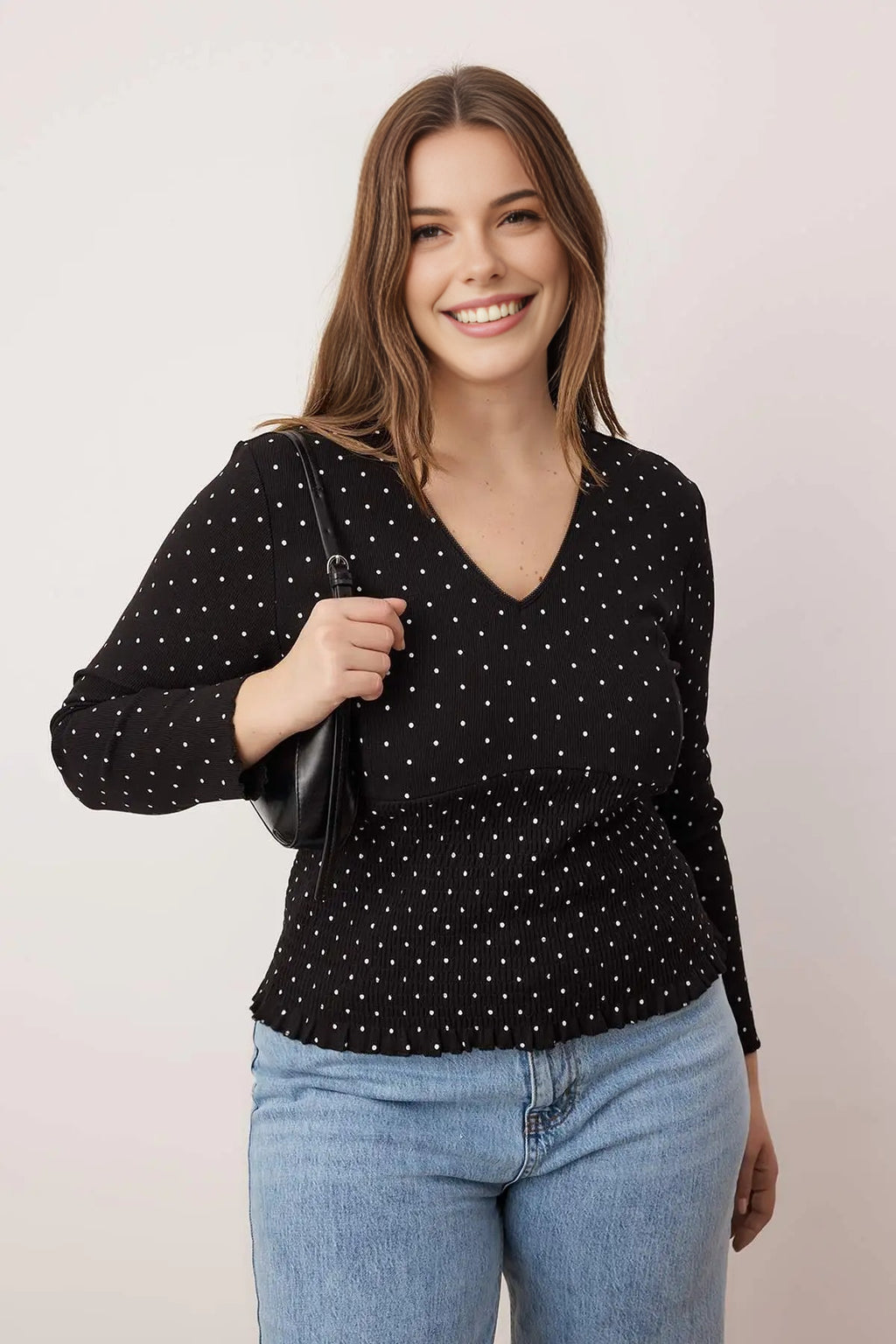 Polka Dot V-Neck Ribbed Knit Plus Size Blouse
