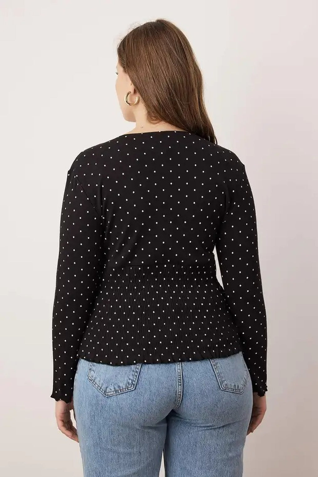 Polka Dot V-Neck Ribbed Knit Plus Size Blouse