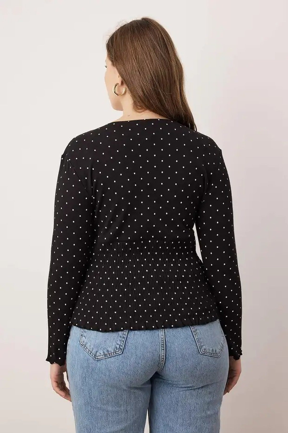 Polka Dot V-Neck Ribbed Knit Plus Size Blouse