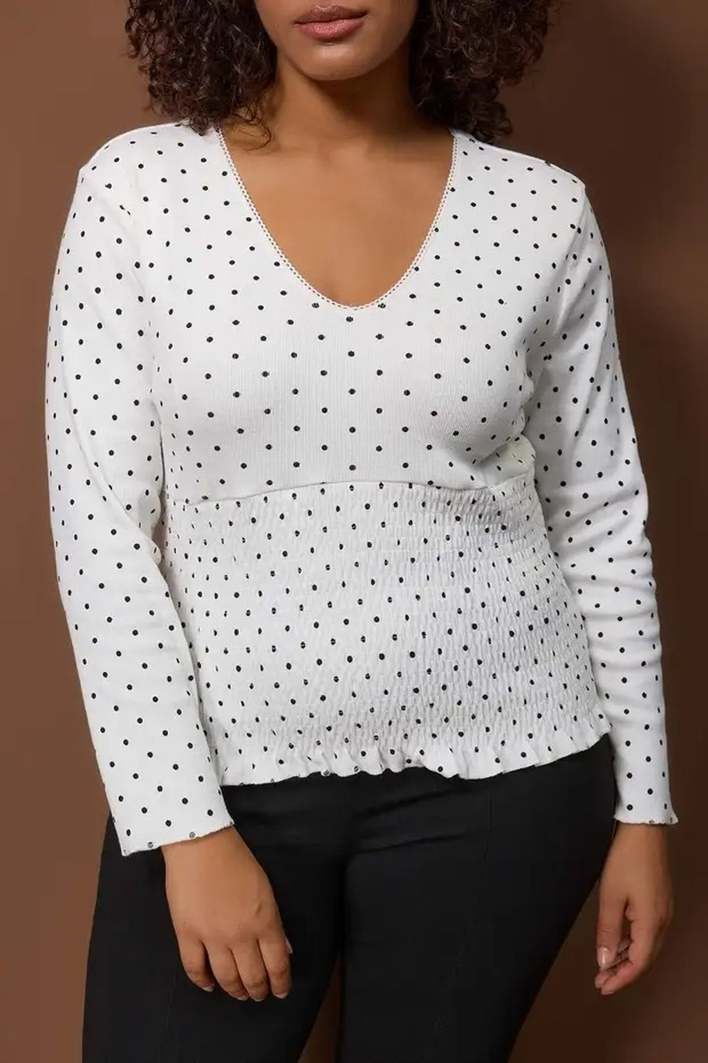 Polka Dot V-Neck Ribbed Knit Plus Size Blouse