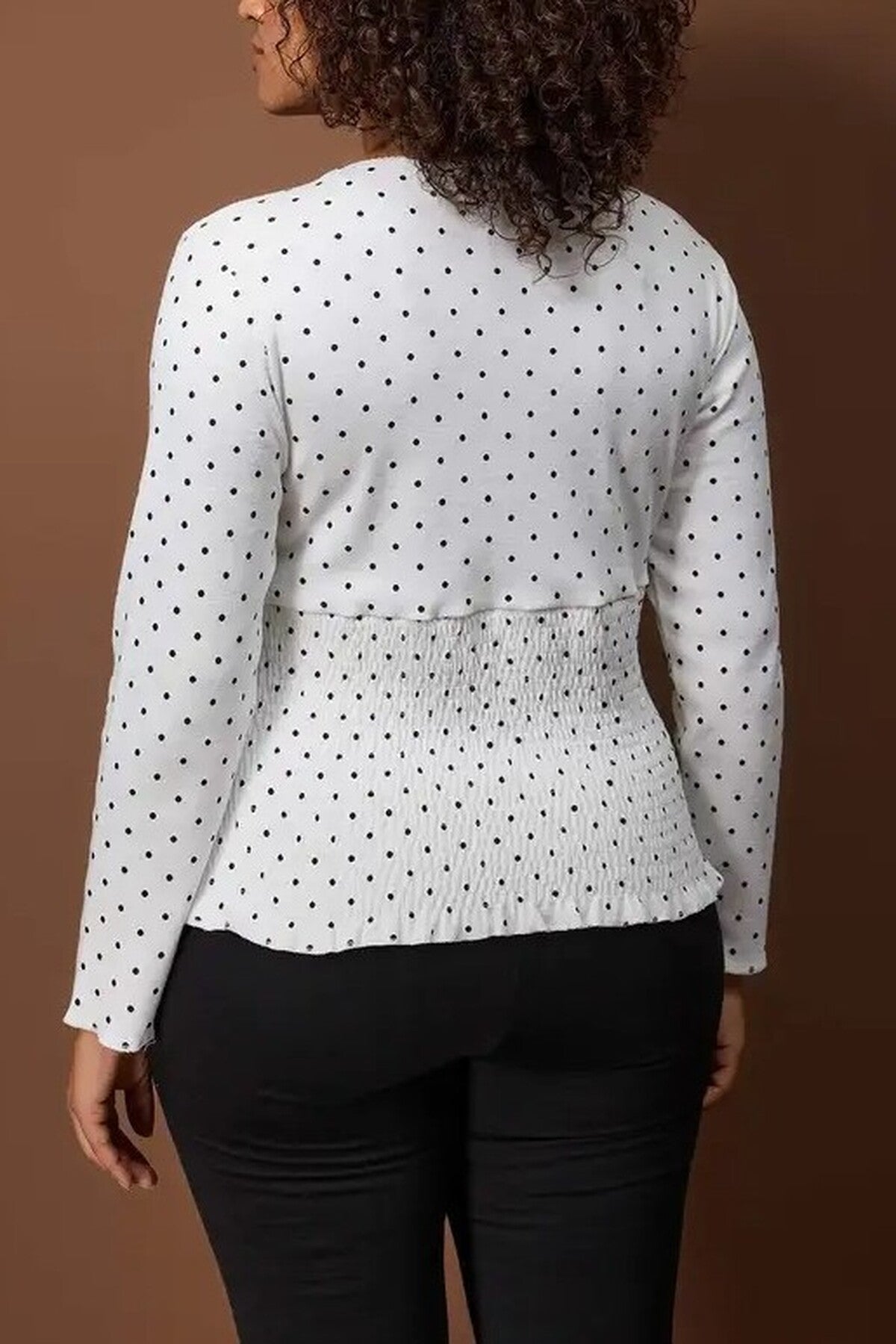 Polka Dot V-Neck Ribbed Knit Plus Size Blouse