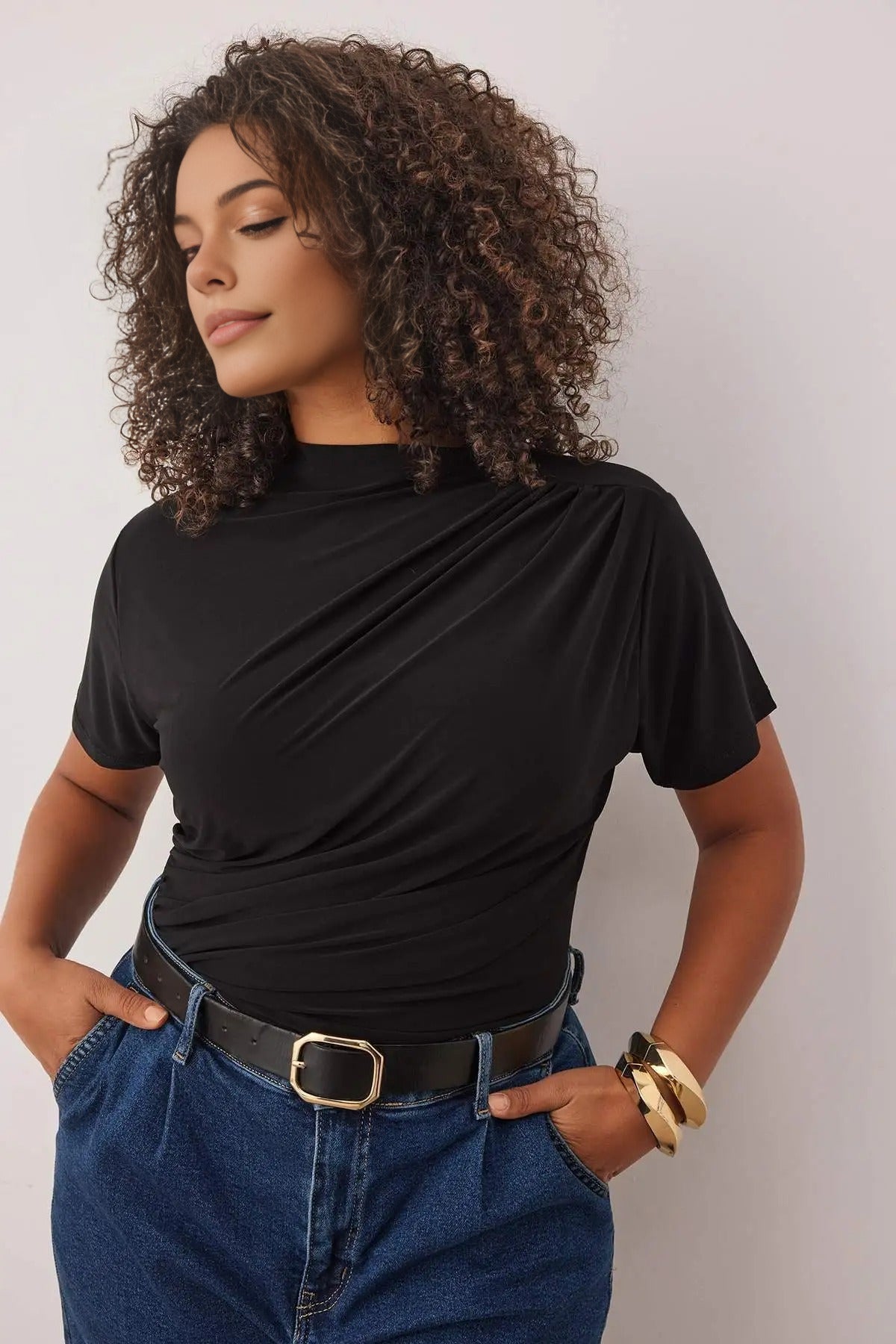High Neck Gathered Knit Plus Size Blouse