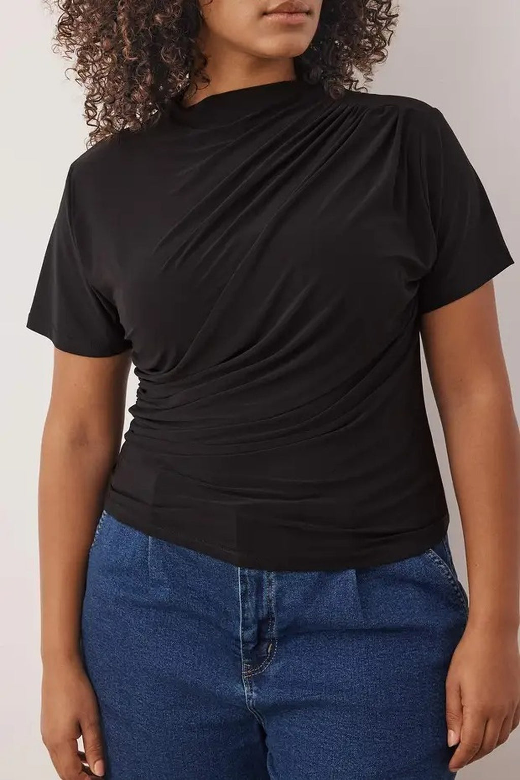 High Neck Gathered Knit Plus Size Blouse