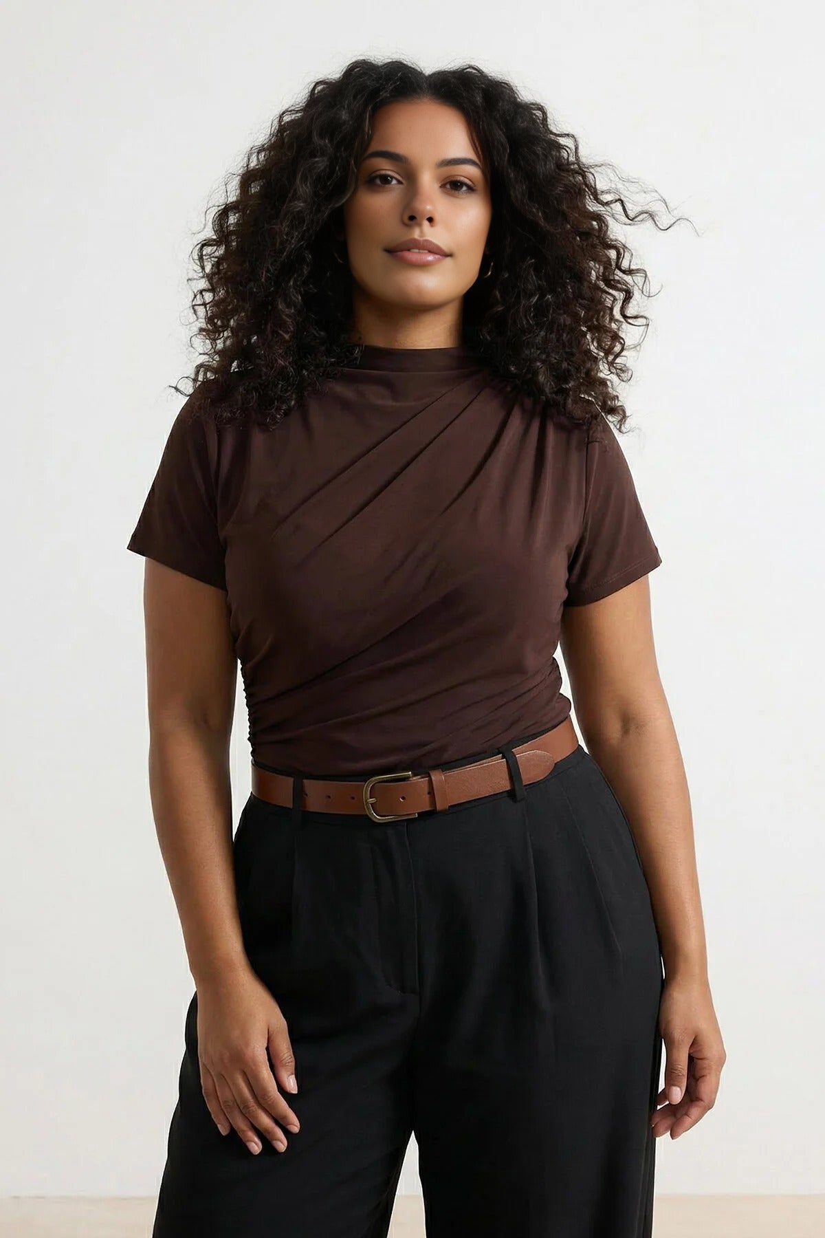 High Neck Gathered Knit Plus Size Blouse