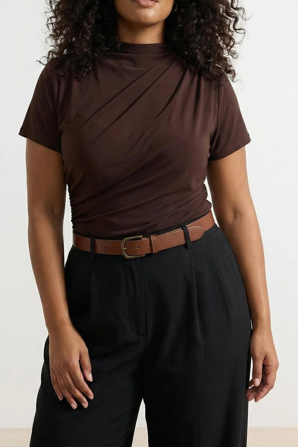 High Neck Gathered Knit Plus Size Blouse
