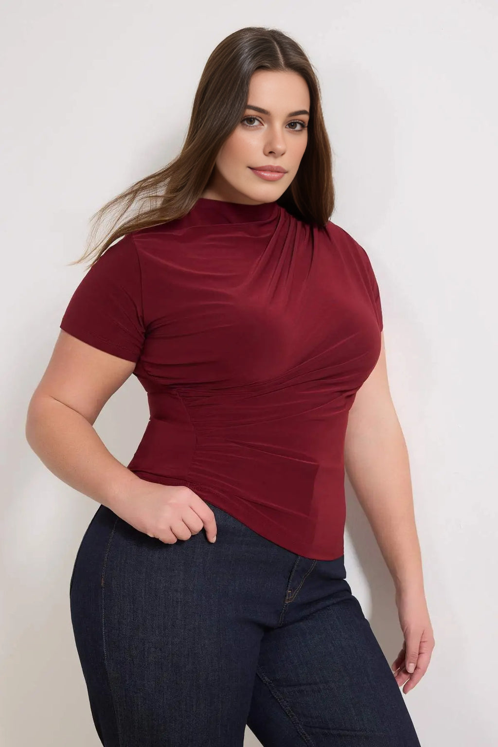 High Neck Gathered Knit Plus Size Blouse