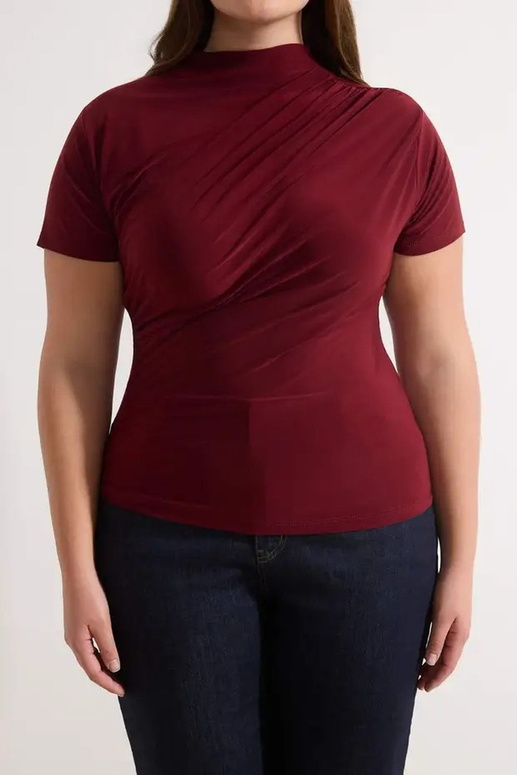 High Neck Gathered Knit Plus Size Blouse