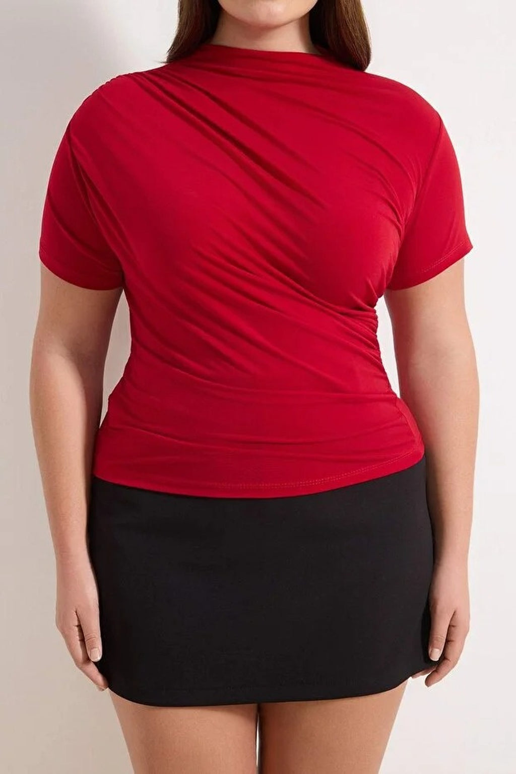 High Neck Gathered Knit Plus Size Blouse