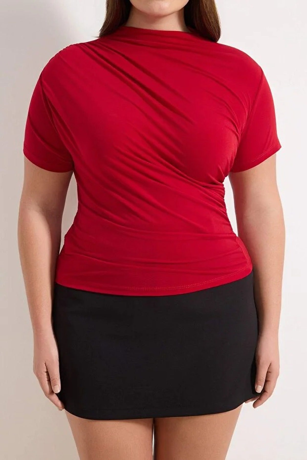 High Neck Gathered Knit Plus Size Blouse