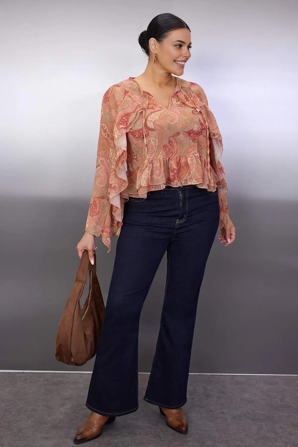 Shawl Patterned Ruffled Chiffon Woven Plus Size Blouse