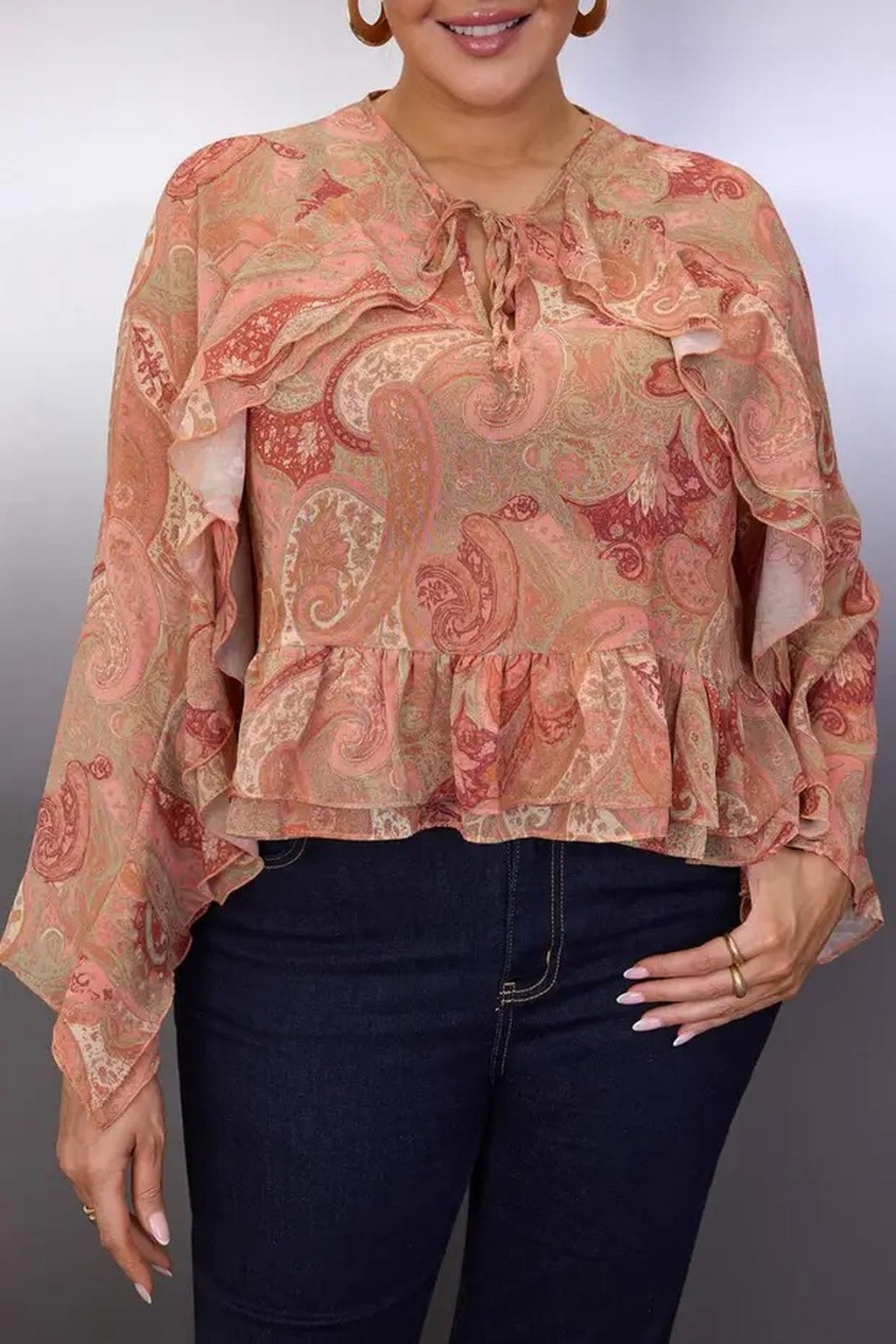 Shawl Patterned Ruffled Chiffon Woven Plus Size Blouse