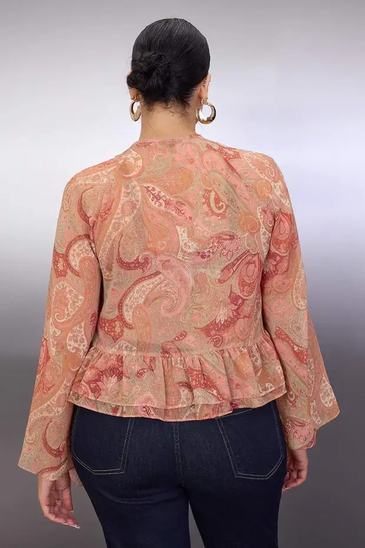 Shawl Patterned Ruffled Chiffon Woven Plus Size Blouse