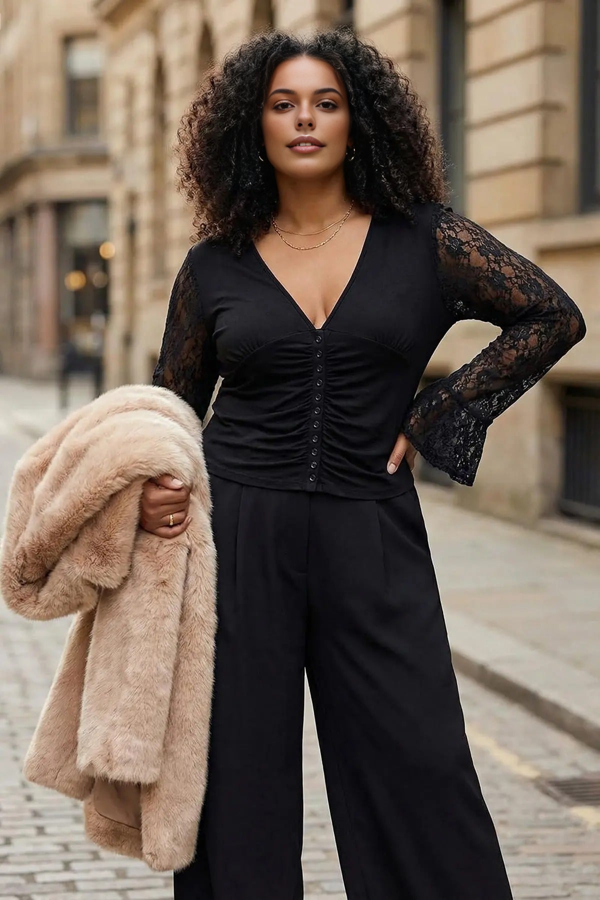 V-Neck Button Detail Plus Size Blouse with Lace Sleeves