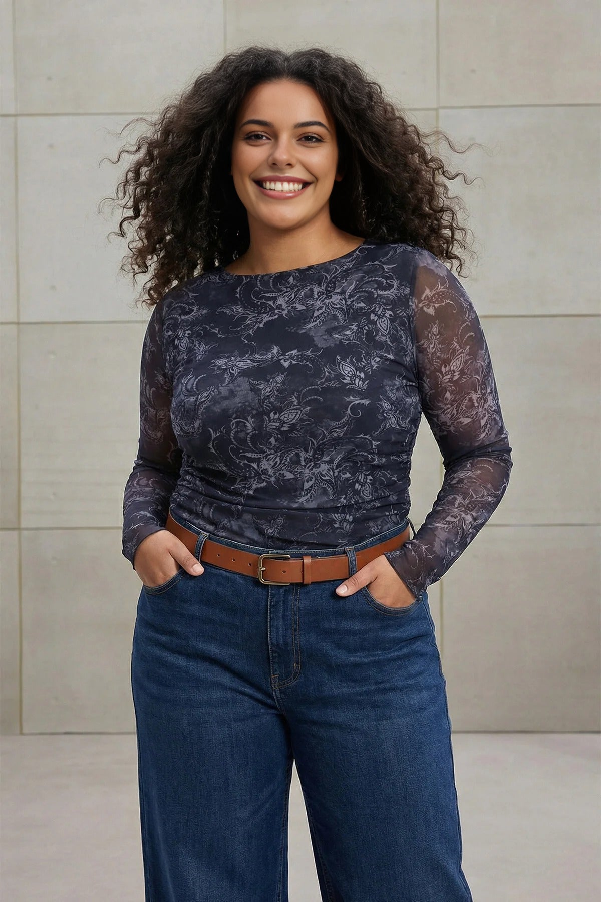 Shawl Pattern Boat Neck Asymmetrical Fitted Plus Size Blouse