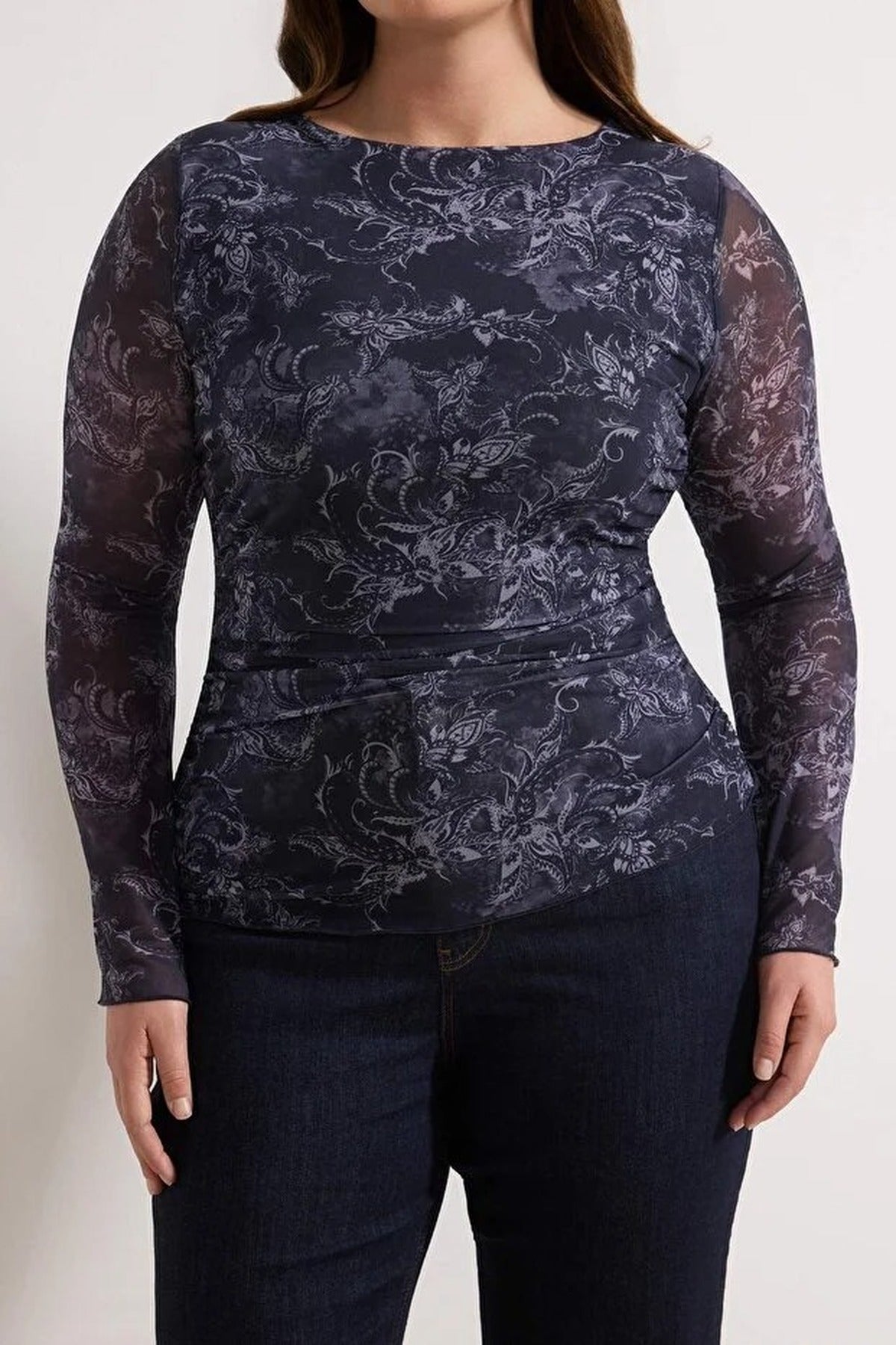 Shawl Pattern Boat Neck Asymmetrical Fitted Plus Size Blouse