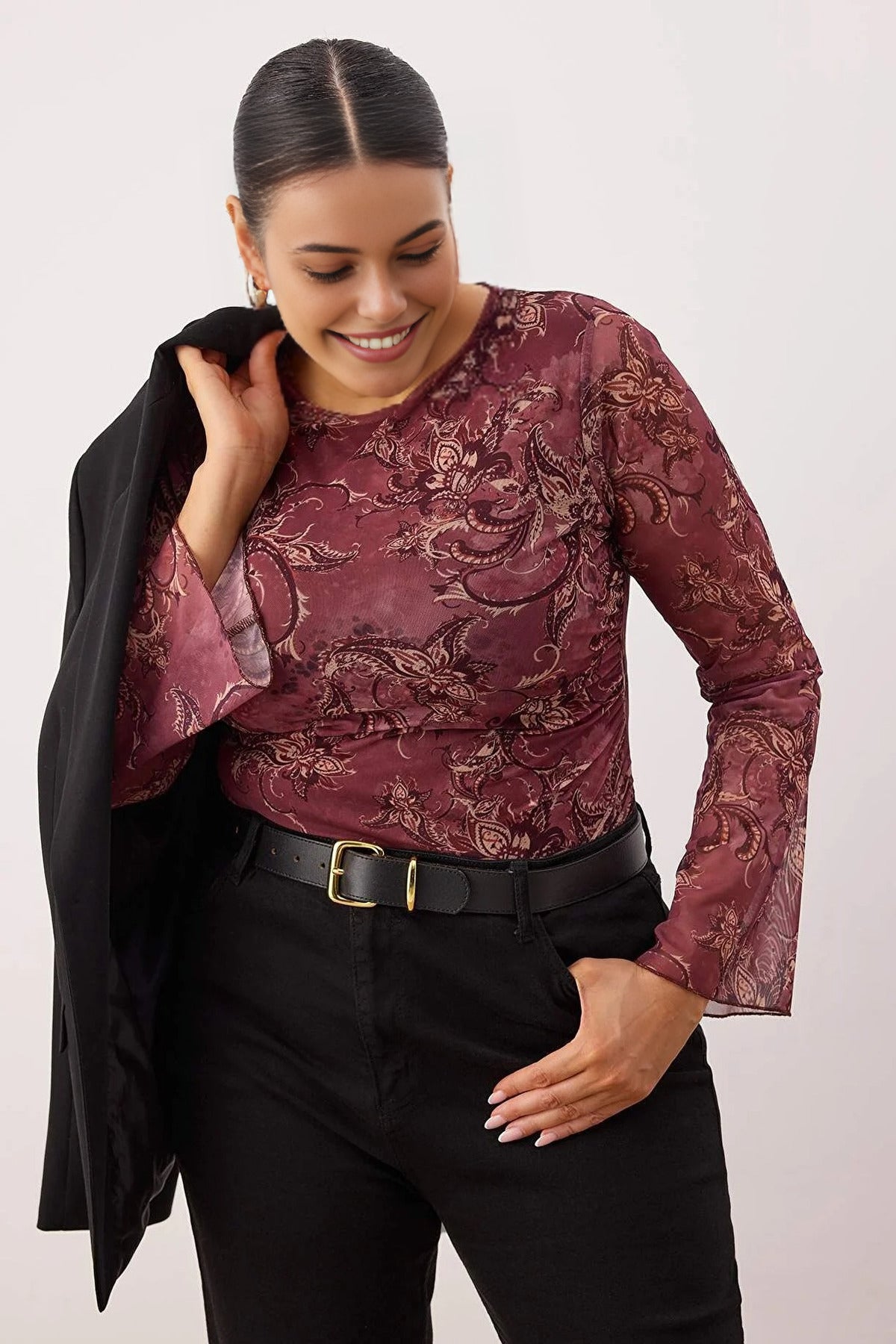 Shawl Pattern Boat Neck Asymmetrical Fitted Plus Size Blouse
