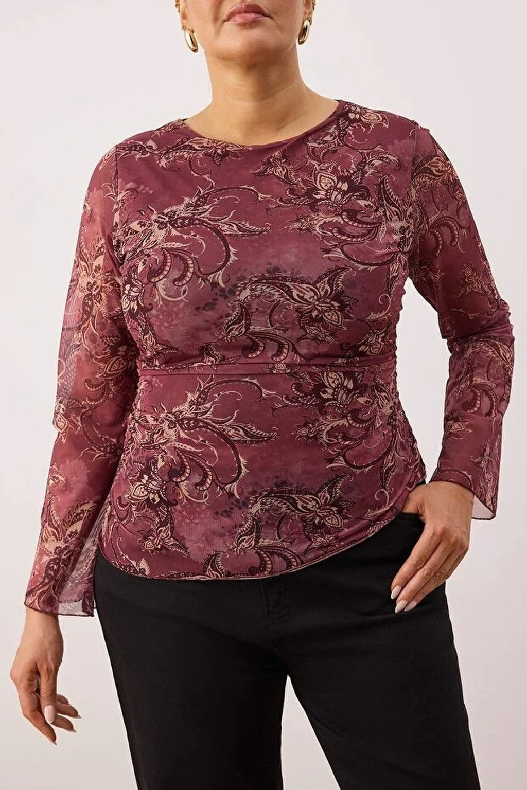 Shawl Pattern Boat Neck Asymmetrical Fitted Plus Size Blouse