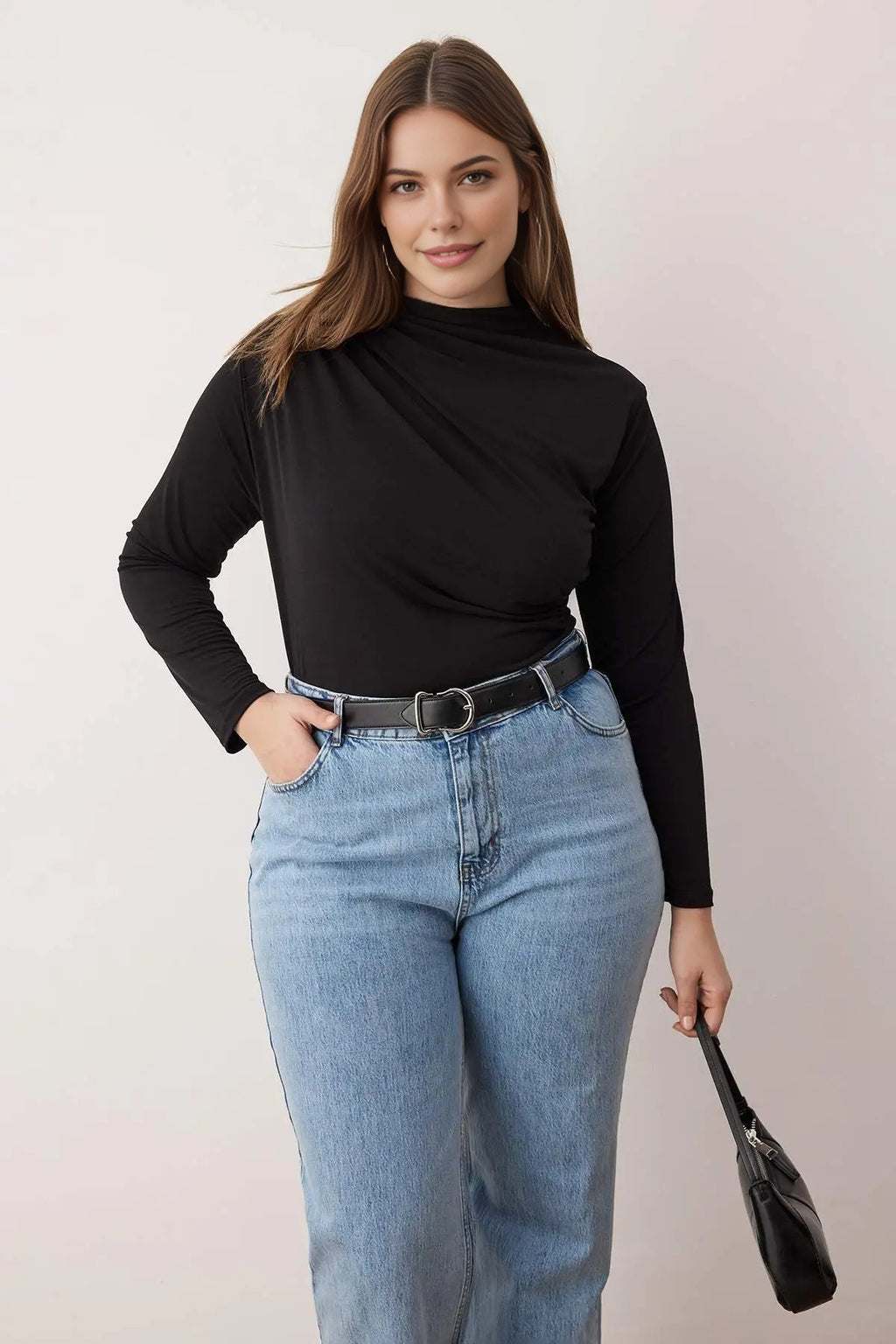 Gathered Detail Long Sleeve Knitted Plus Size Blouse