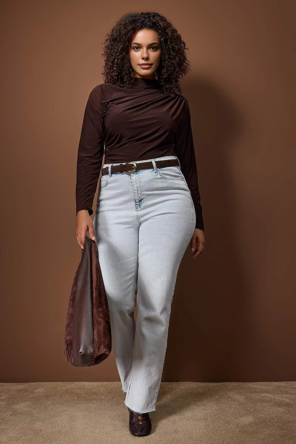 Gathered Detail Long Sleeve Knitted Plus Size Blouse