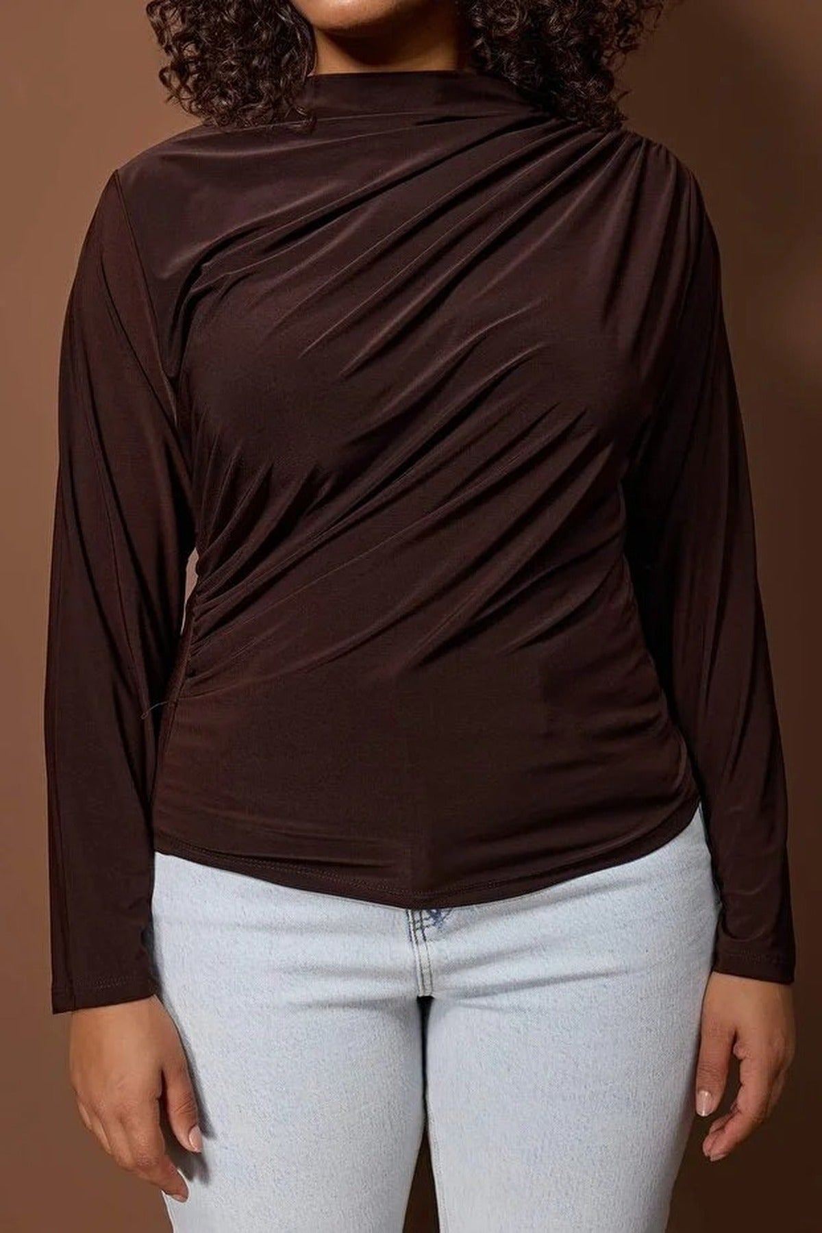Gathered Detail Long Sleeve Knitted Plus Size Blouse