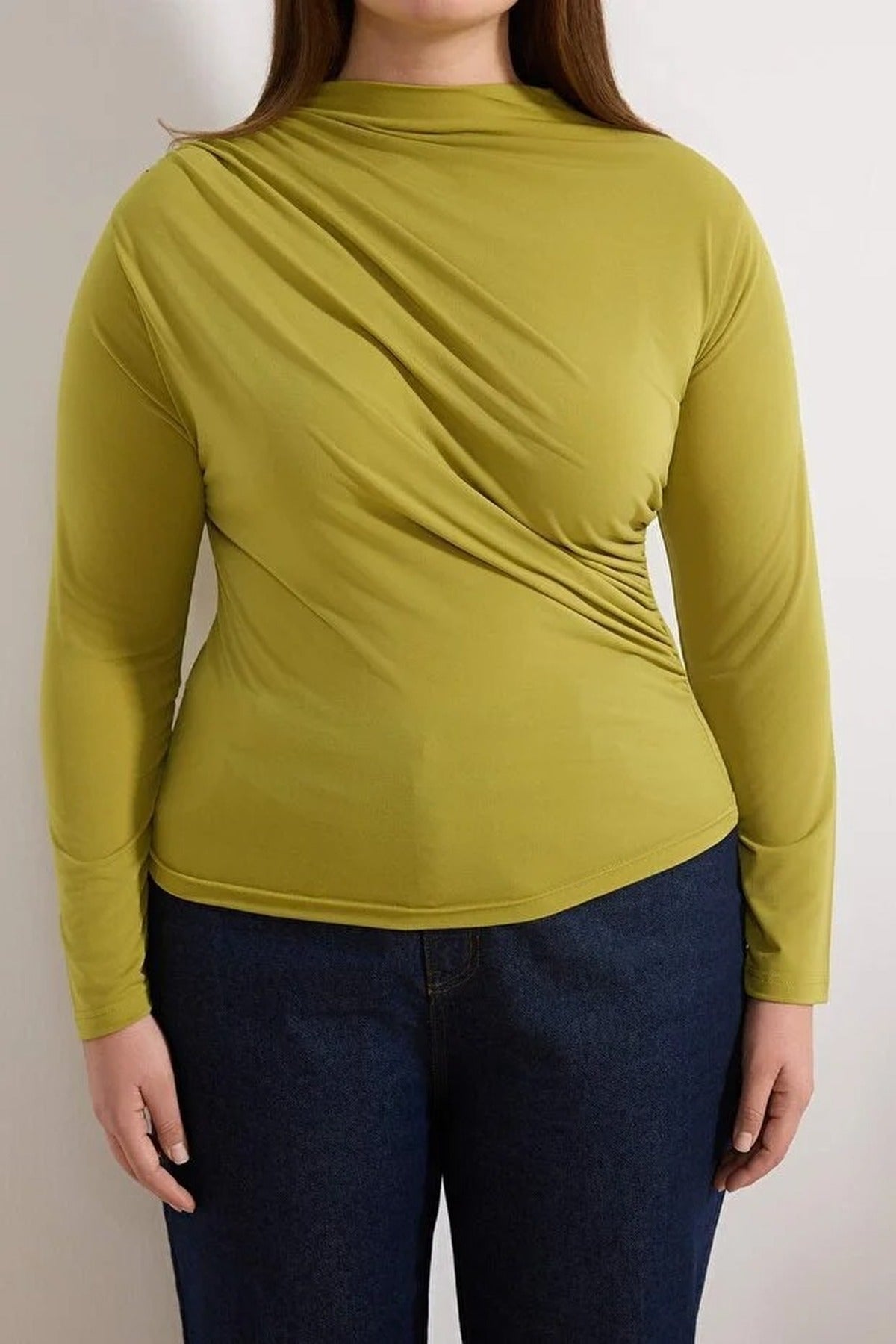 Gathered Detail Long Sleeve Knitted Plus Size Blouse