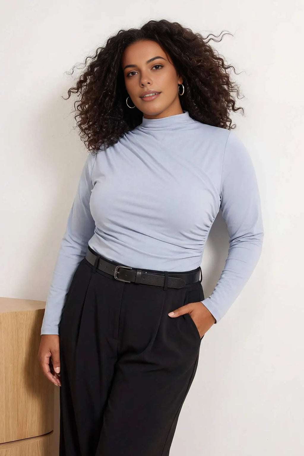 Gathered Detail Long Sleeve Knitted Plus Size Blouse