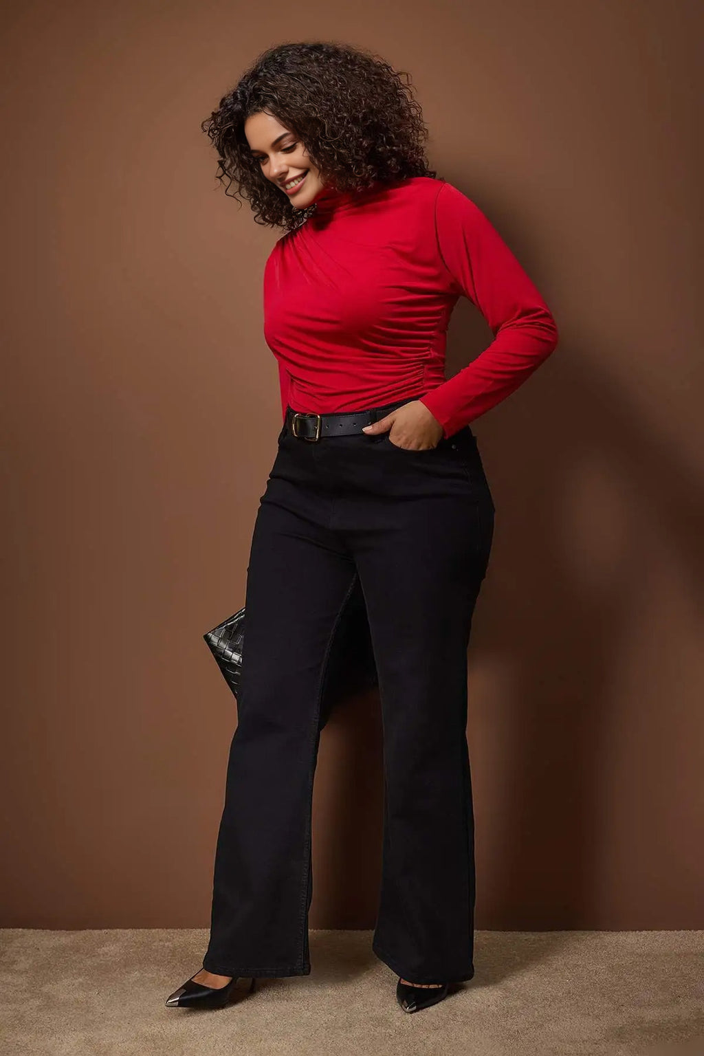 Gathered Detail Long Sleeve Knitted Plus Size Blouse