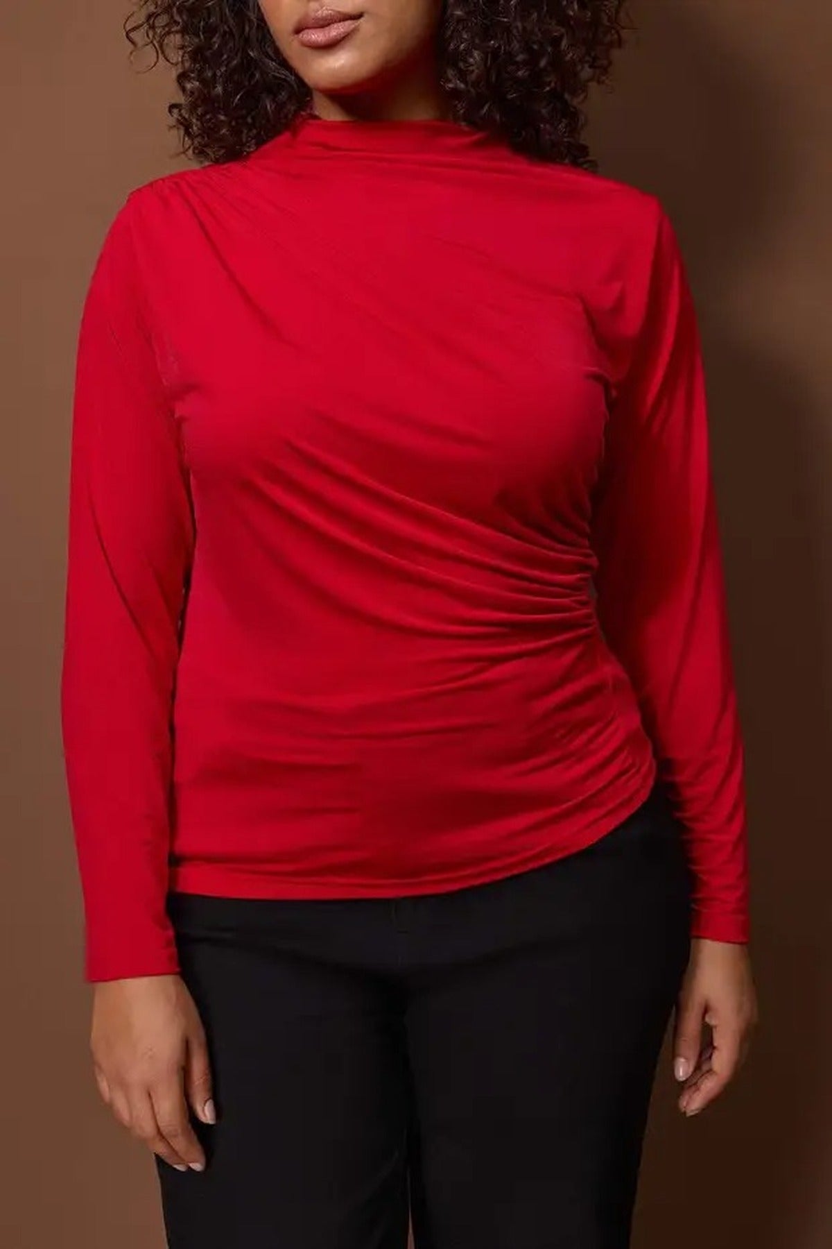 Gathered Detail Long Sleeve Knitted Plus Size Blouse