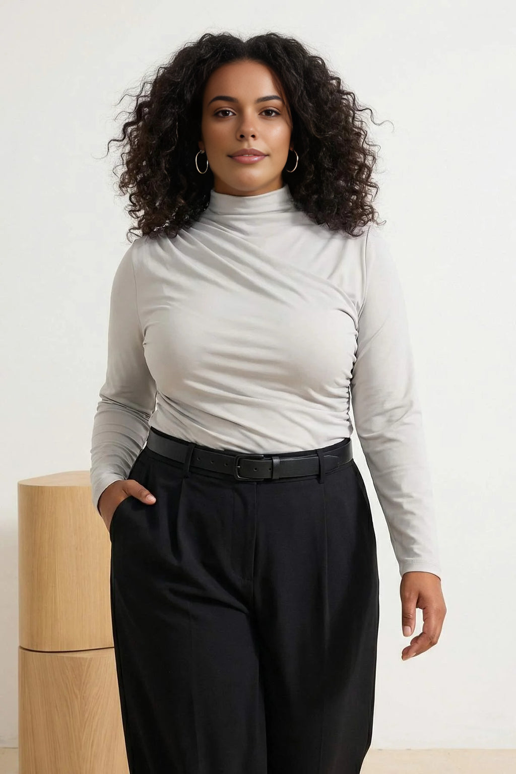 Gathered Detail Long Sleeve Knitted Plus Size Blouse