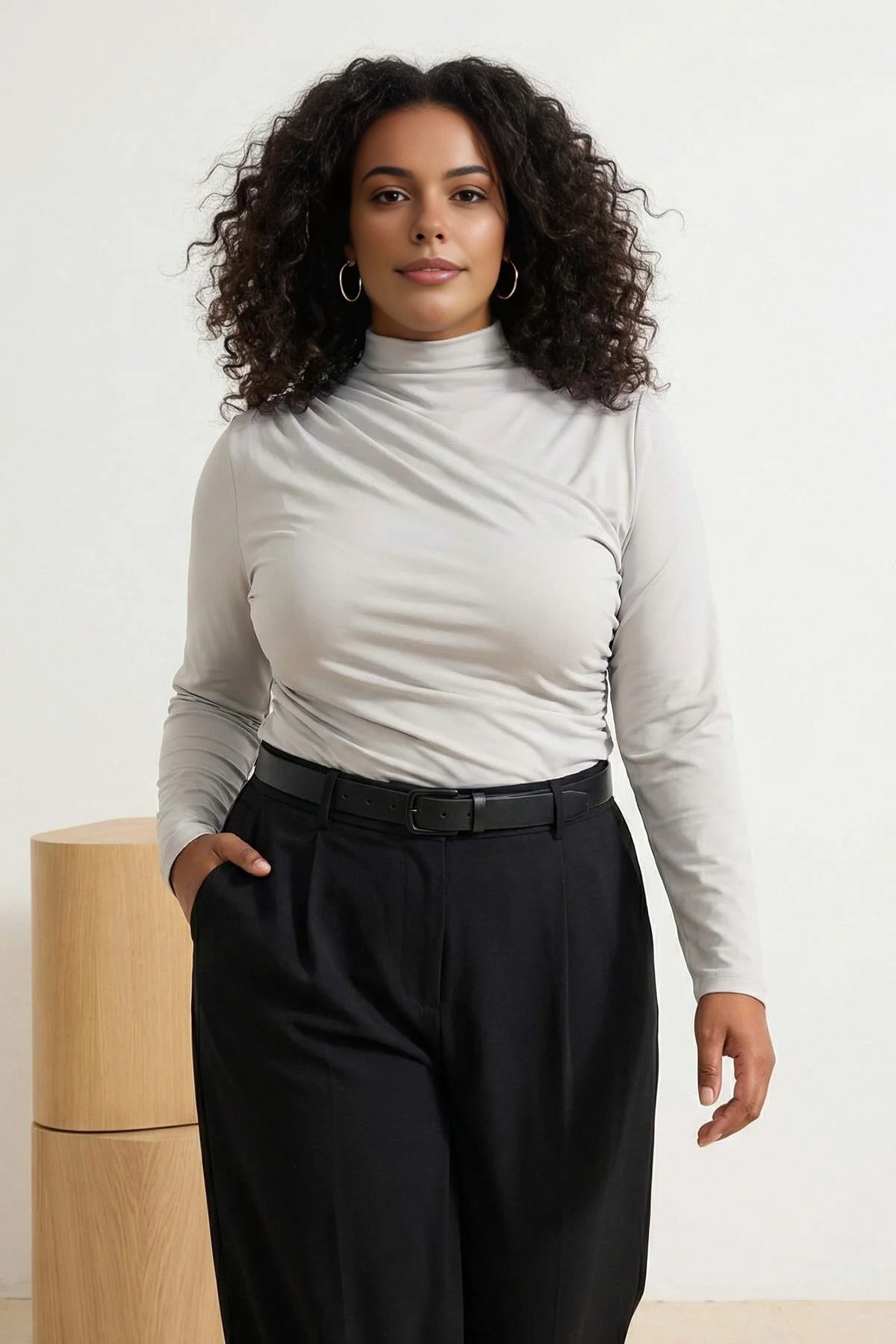 Gathered Detail Long Sleeve Knitted Plus Size Blouse