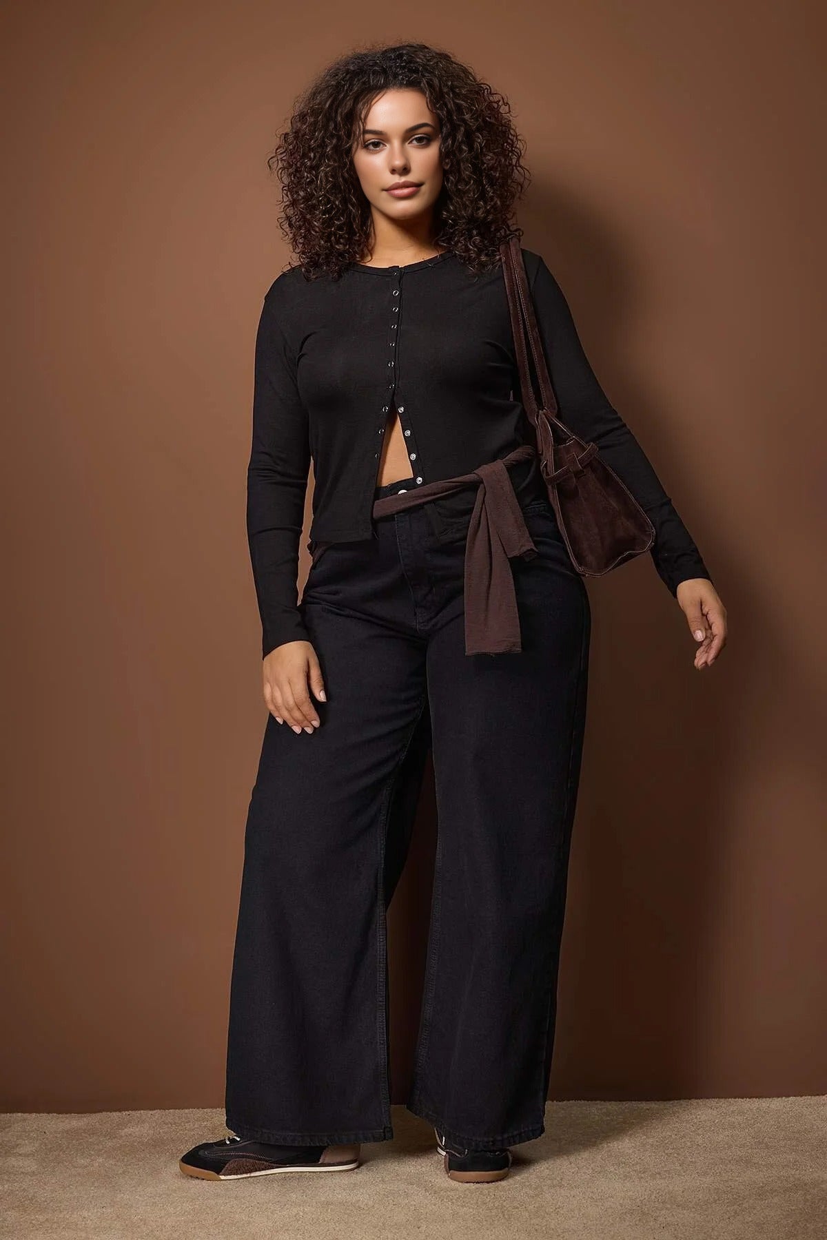 Snap Button Crop Length Basic Knitted Plus Size Blouse