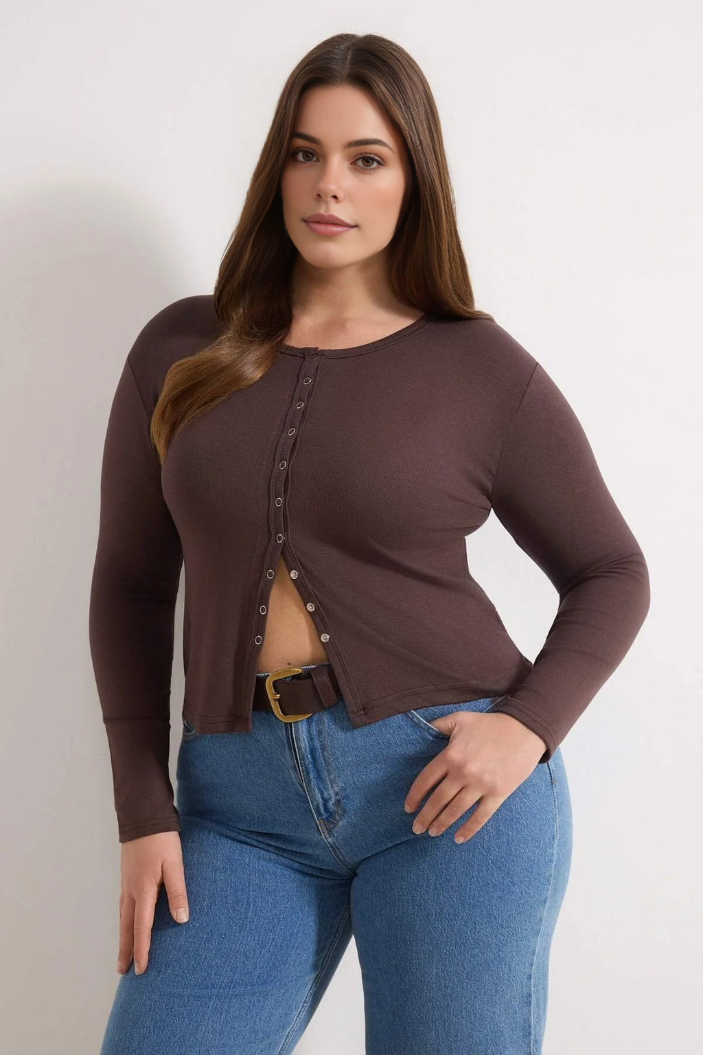 Snap Button Crop Length Basic Knitted Plus Size Blouse