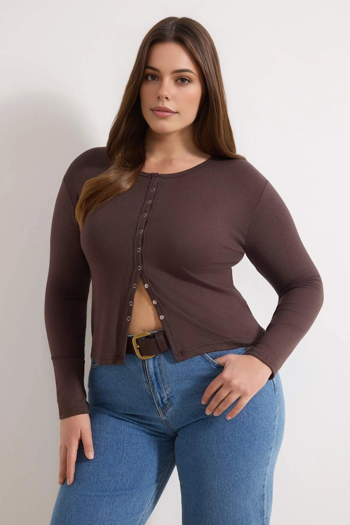 Snap Button Crop Length Basic Knitted Plus Size Blouse