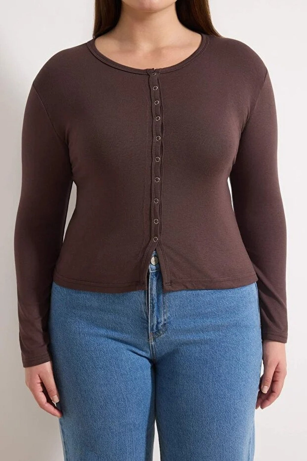 Snap Button Crop Length Basic Knitted Plus Size Blouse