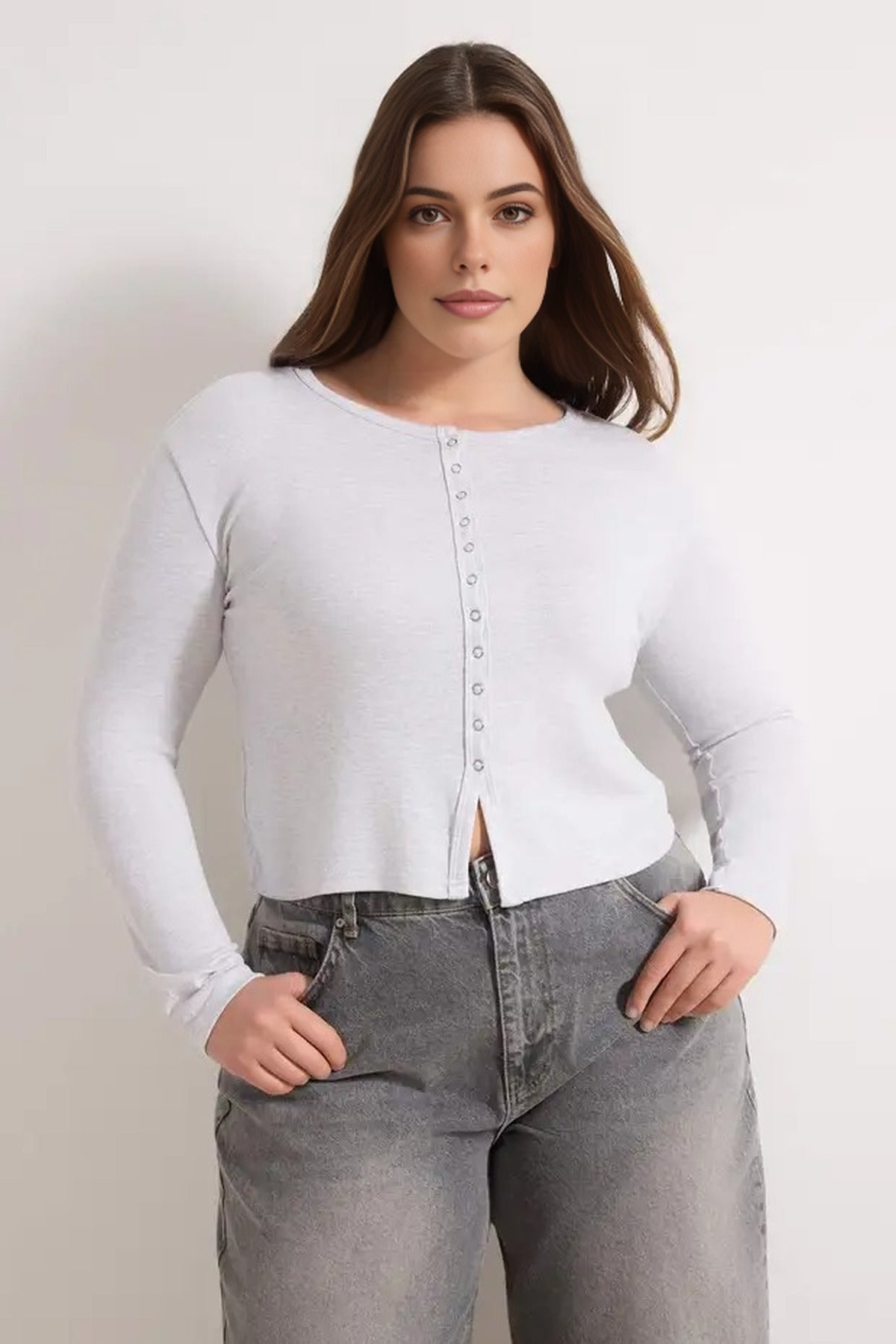 Snap Button Crop Length Basic Knitted Plus Size Blouse