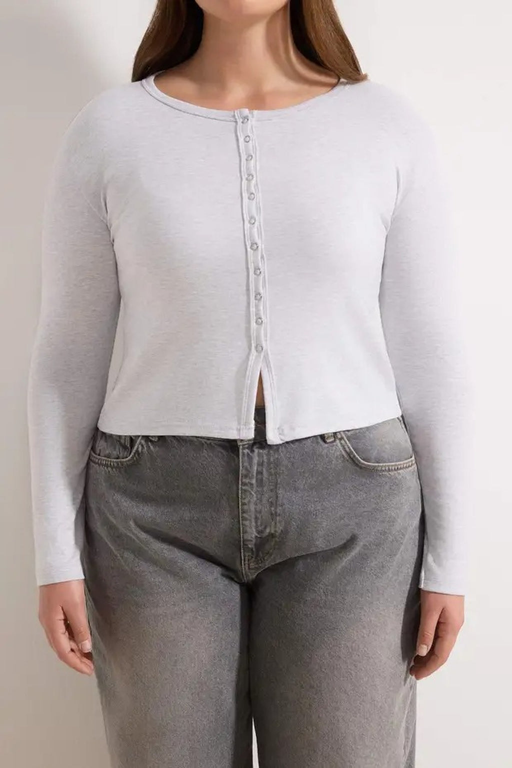 Snap Button Crop Length Basic Knitted Plus Size Blouse