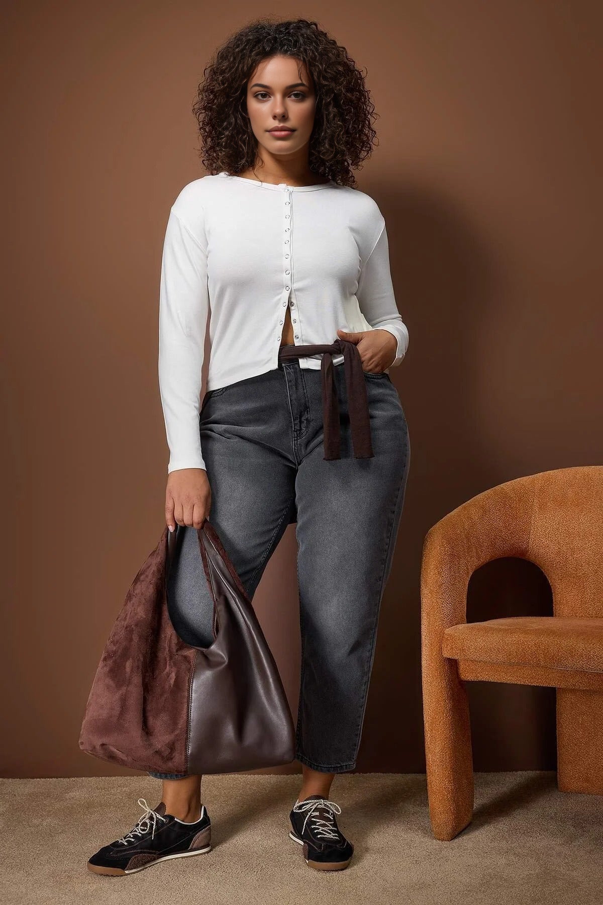 Snap Button Crop Length Basic Knitted Plus Size Blouse