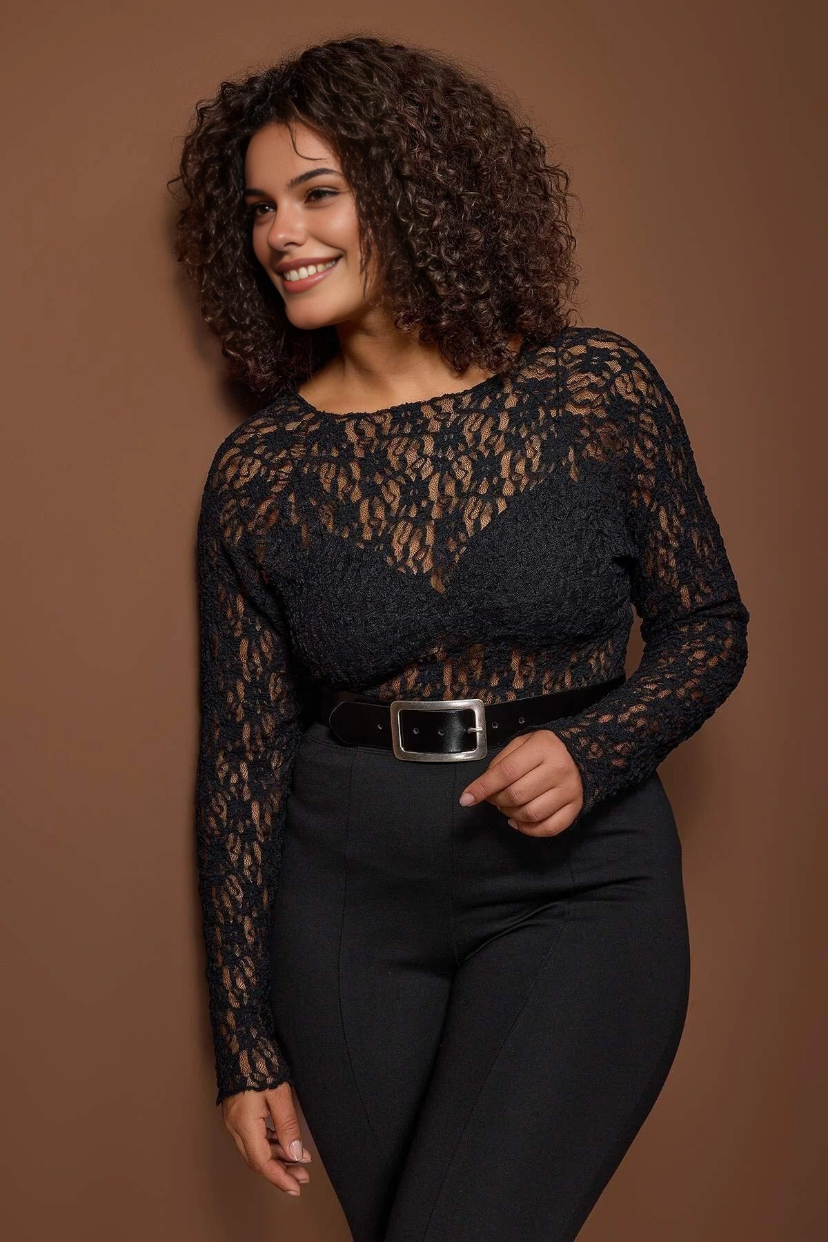 Black Lace Knit Plus Size Blouse