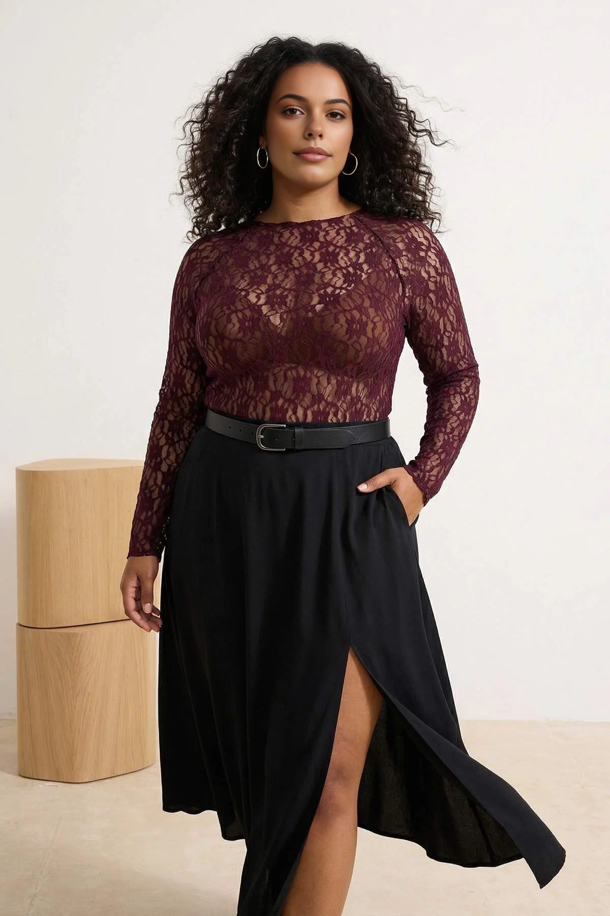 Black Lace Knit Plus Size Blouse