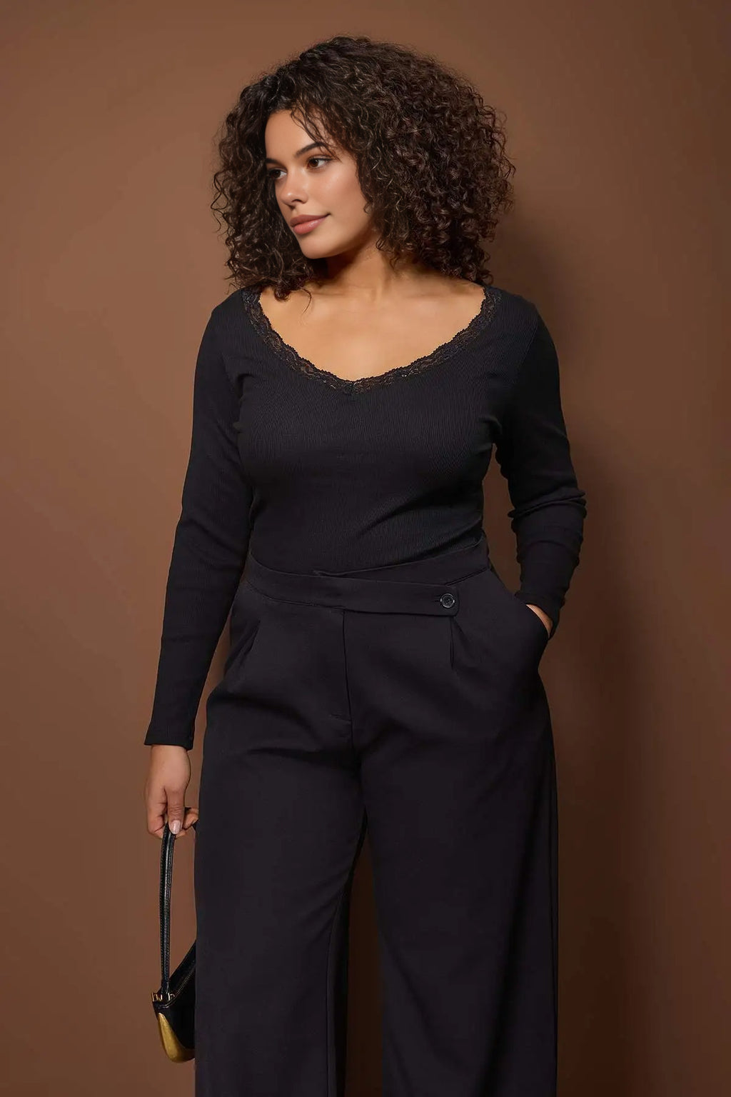 V-Neck Lace Detail Ribbed Fitted Cotton Stretch Knit Blouse