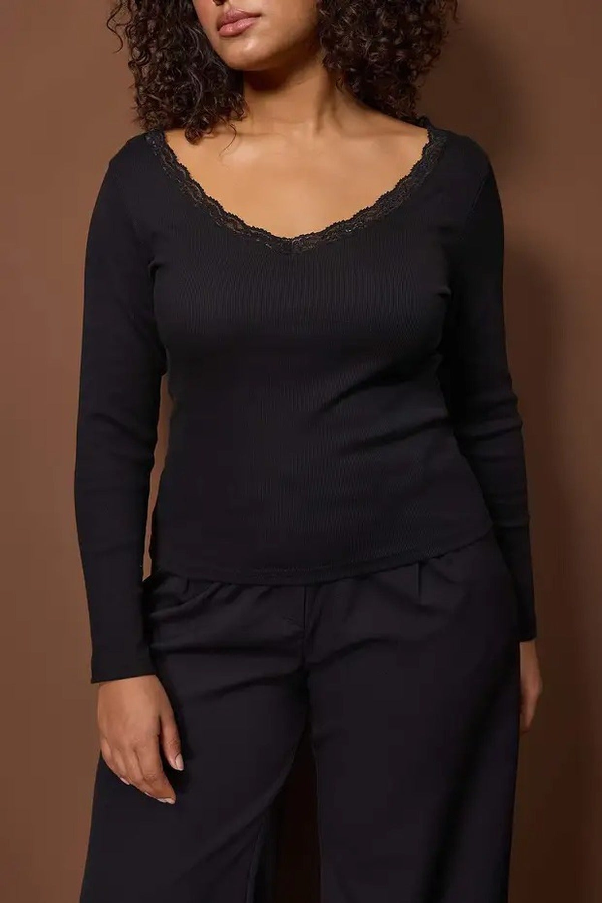 V-Neck Lace Detail Ribbed Fitted Cotton Stretch Knit Blouse