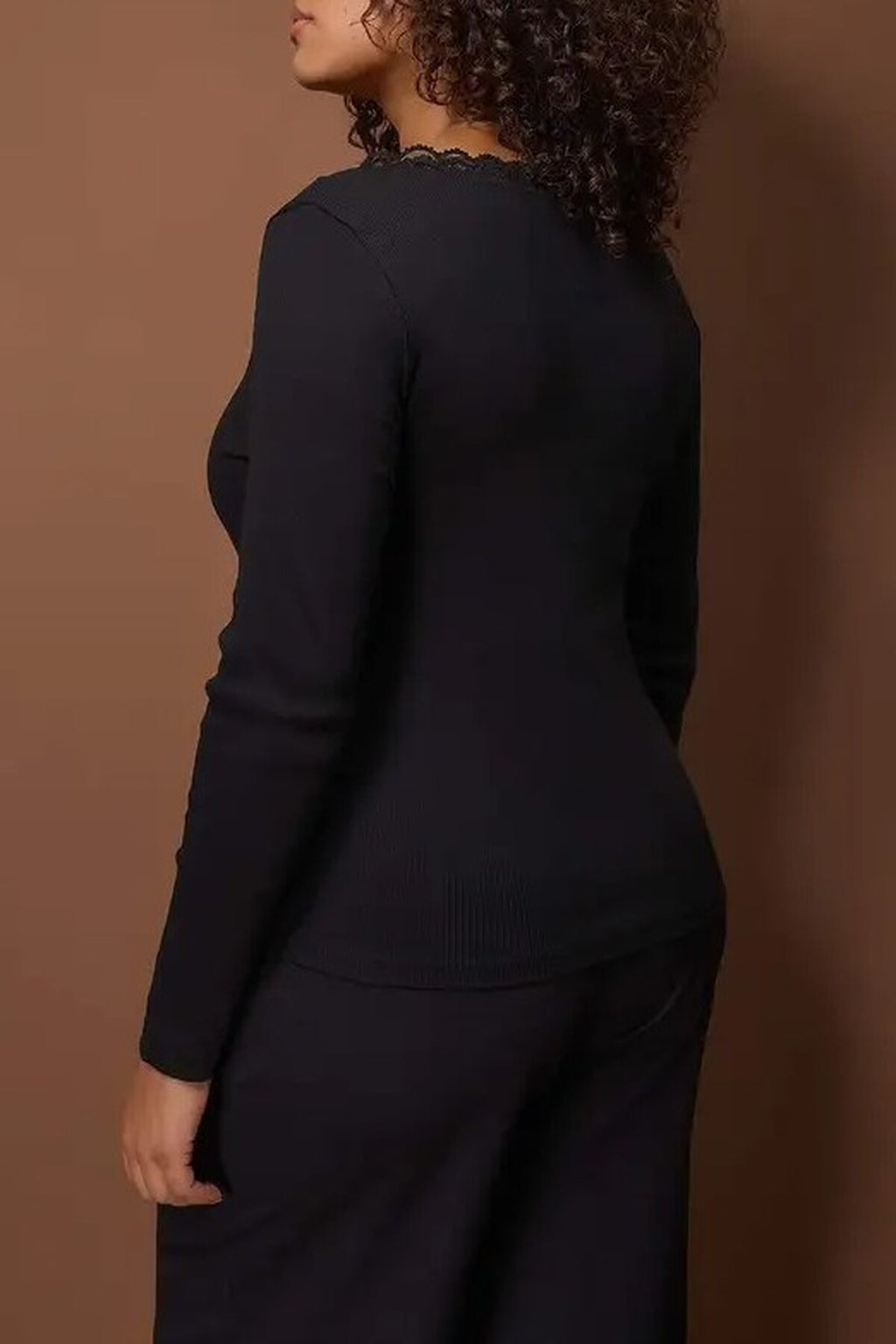 V-Neck Lace Detail Ribbed Fitted Cotton Stretch Knit Blouse