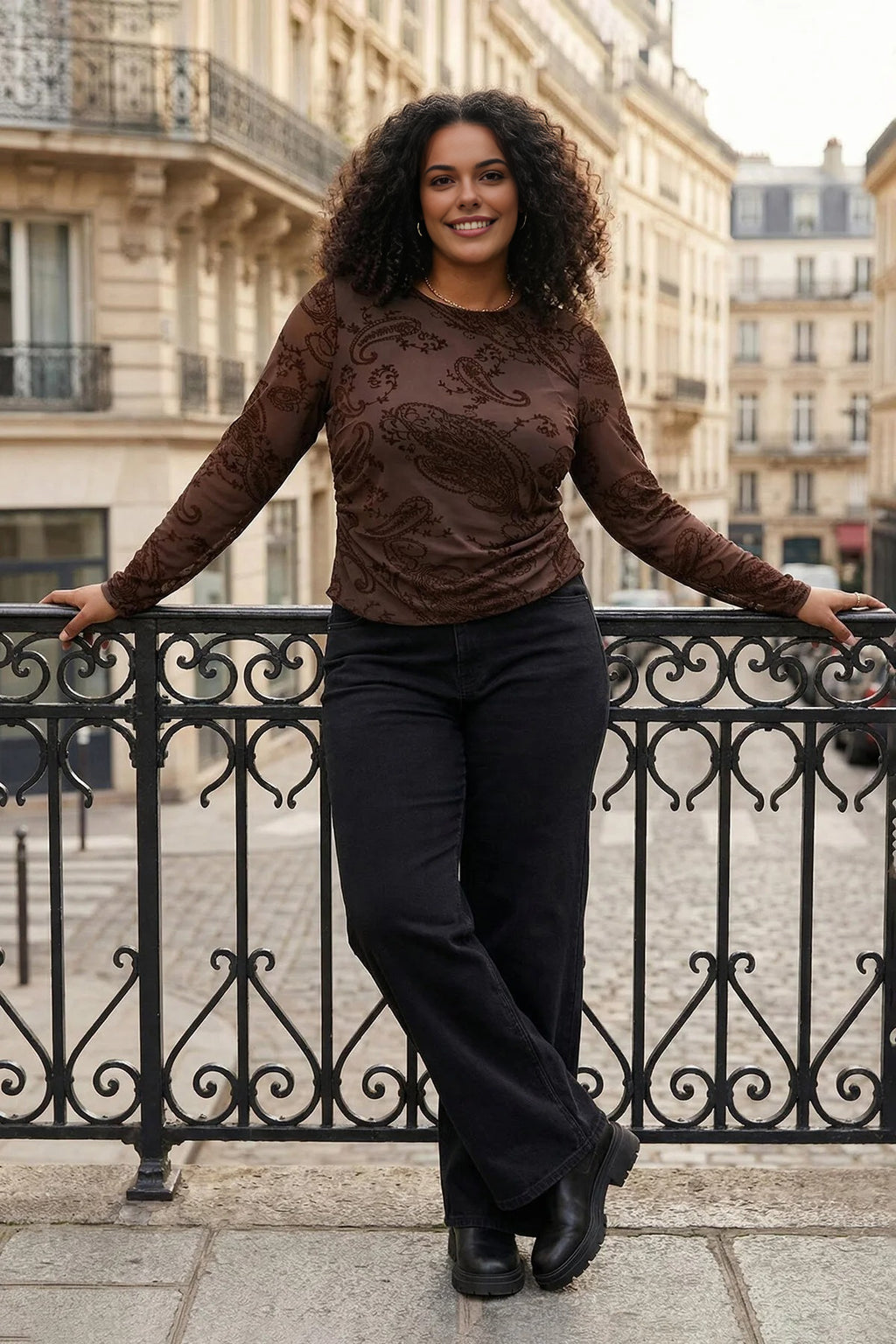 Flocked Tulle Long-Sleeved Boat Neck Knit