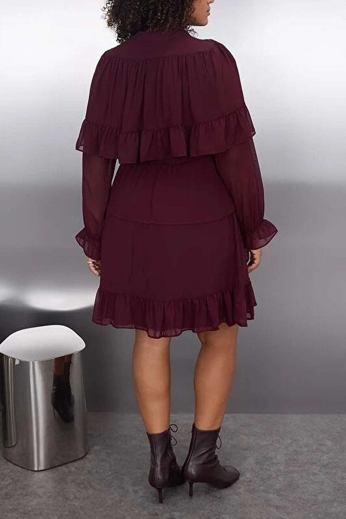 Chiffon Elastic Waist Ruffled Mini Woven Plus Size Dress