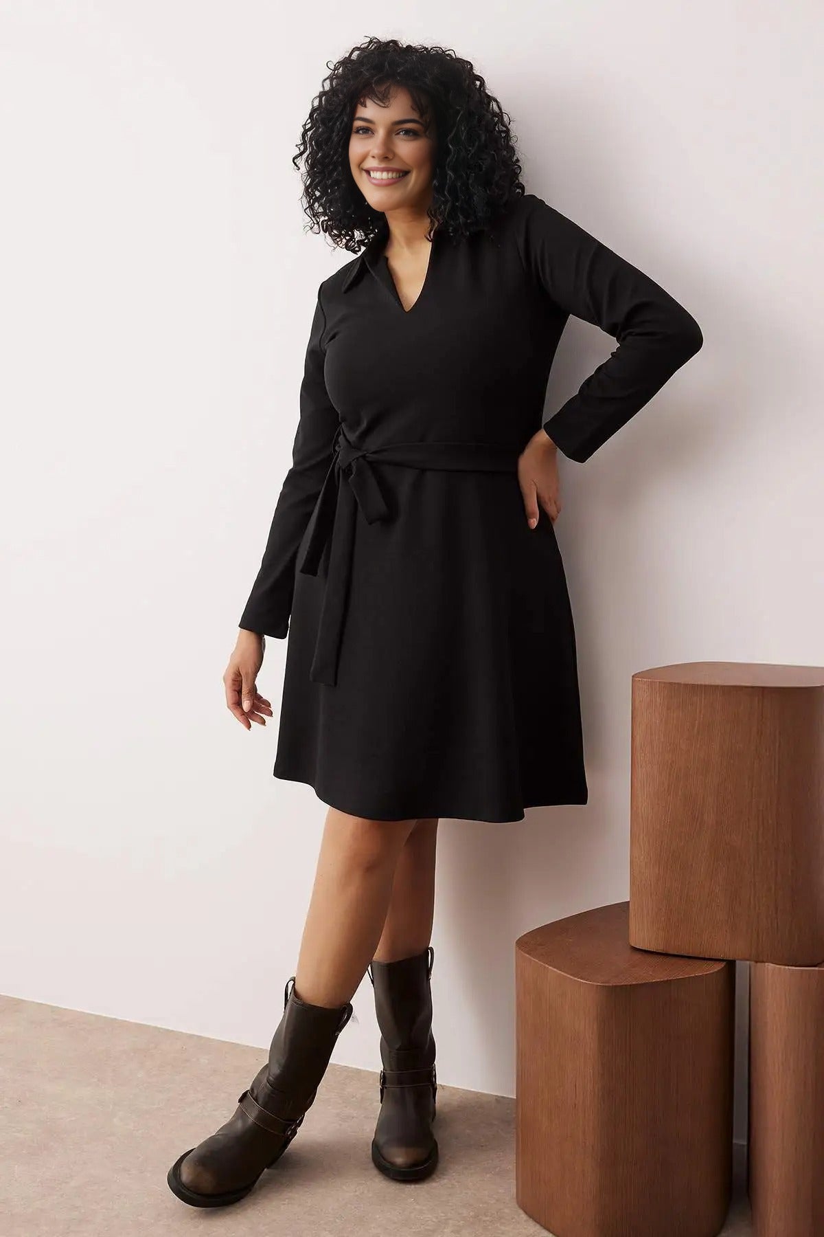 Polo Collar A-Line Knitted Plus Size Dress