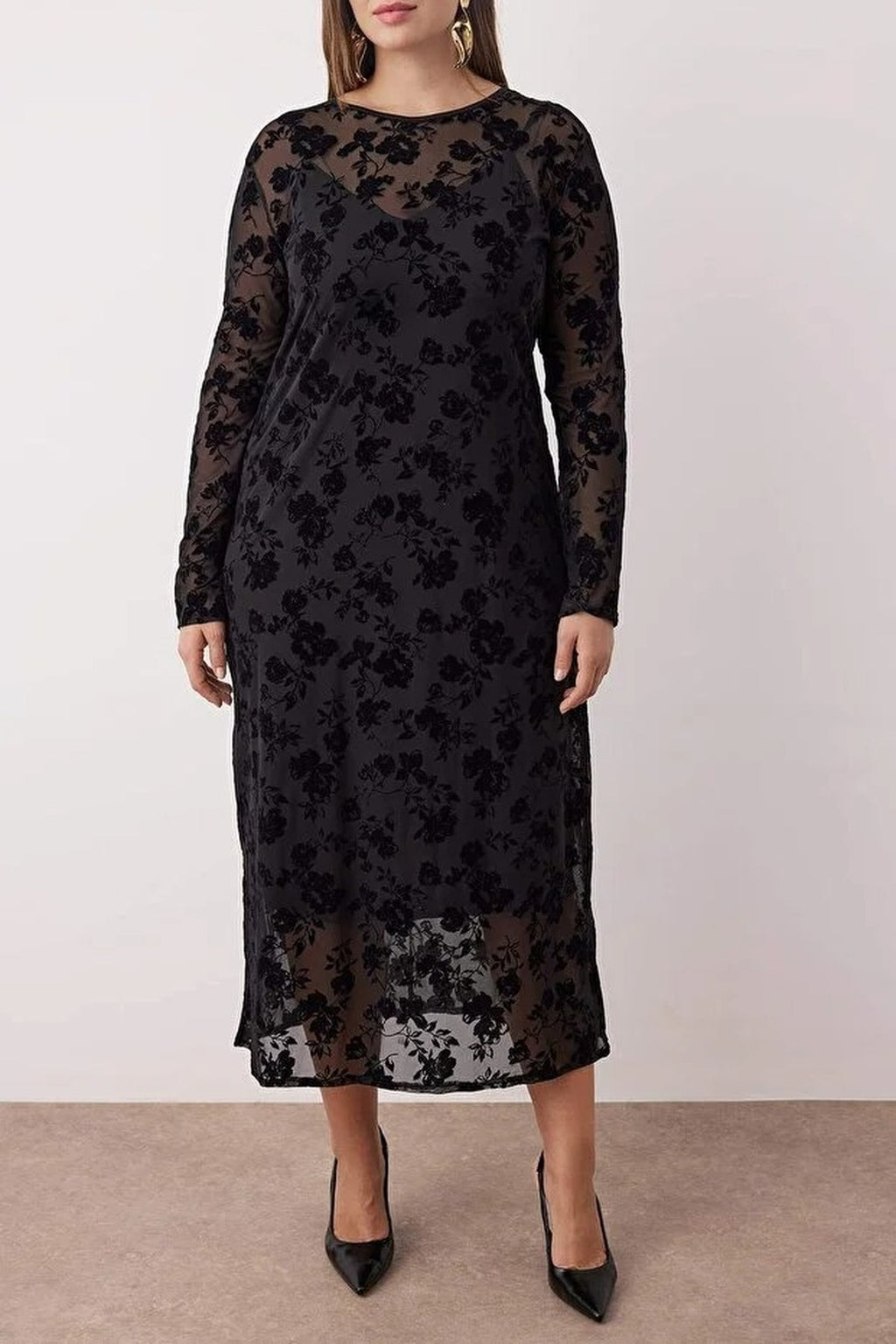 Crew Neck A-line Floral Pattern Maxi Plus Size Knitted Tulle Dress