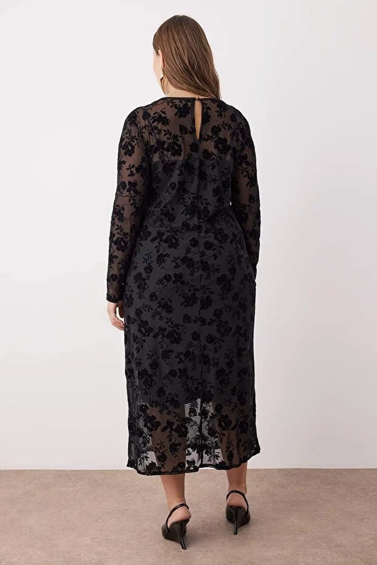 Crew Neck A-line Floral Pattern Maxi Plus Size Knitted Tulle Dress