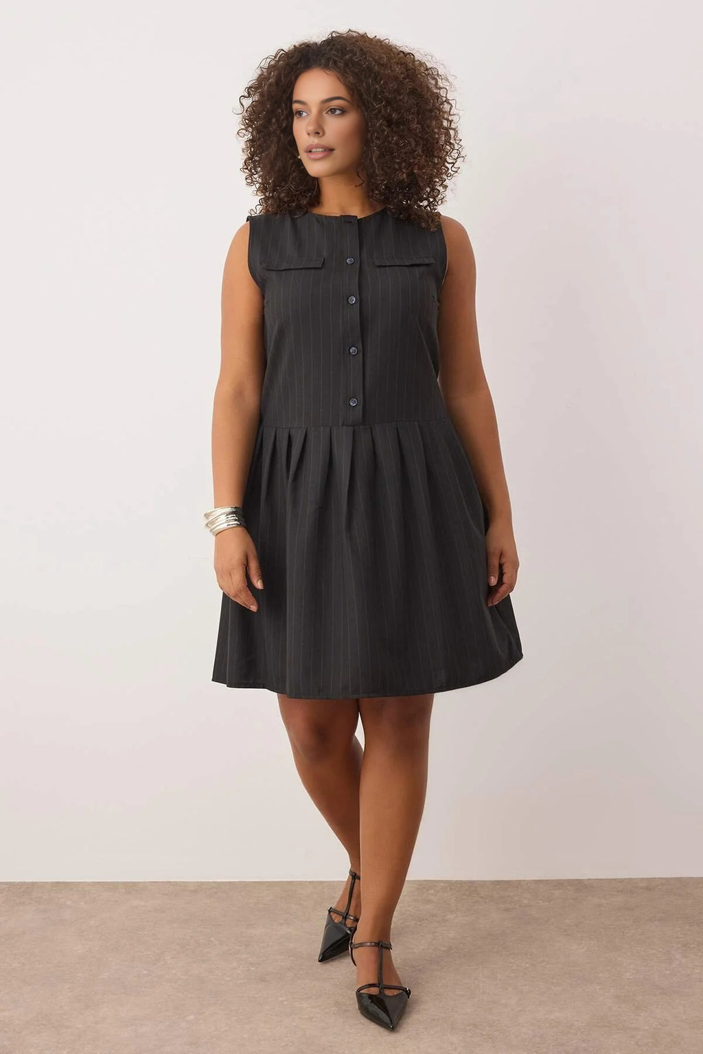 Striped Button Detail Mini Woven Plus Size Dress